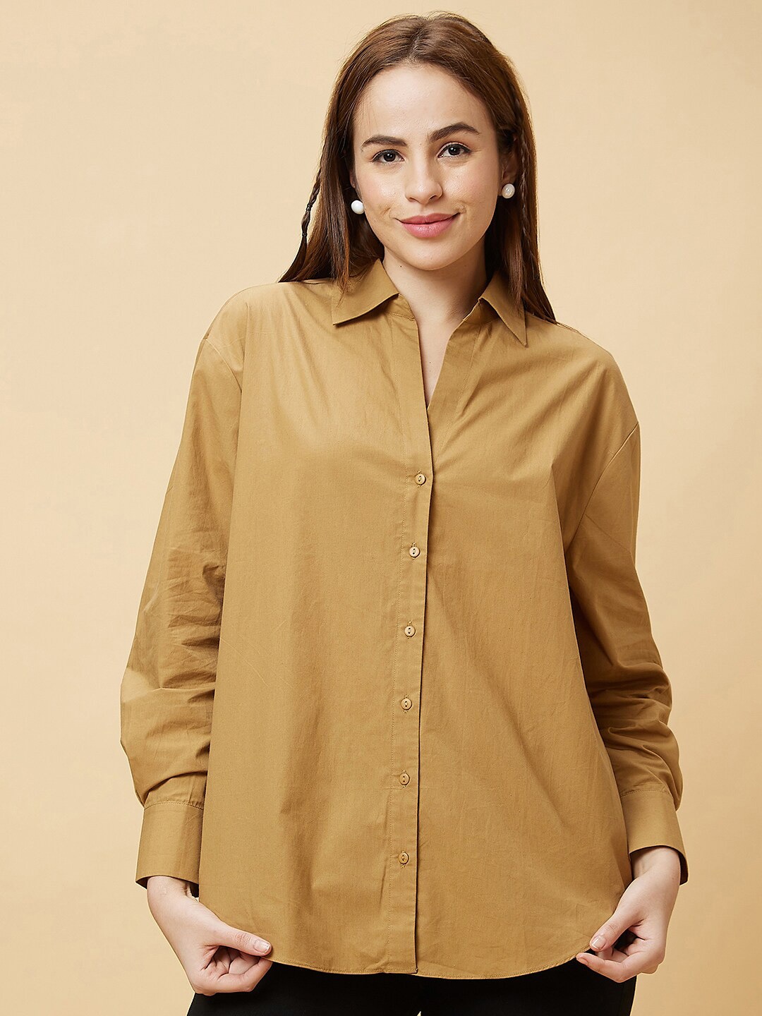 

Globus Brown Shirt Collar Cotton Shirt Style Top