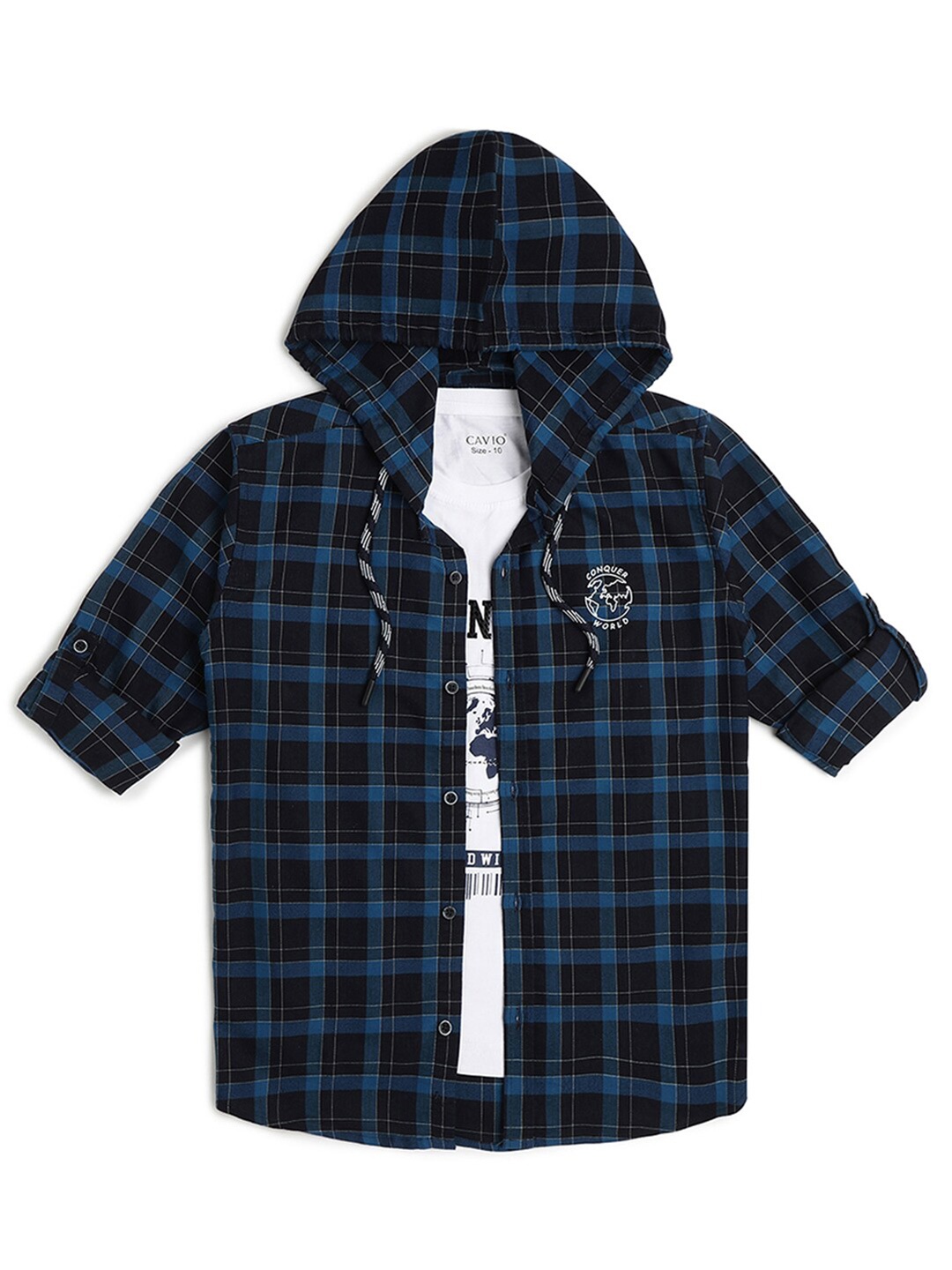 

CAVIO Boys Comfort Tartan Checks Hooded Pure Cotton Casual Shirt With T-Shirt, Blue