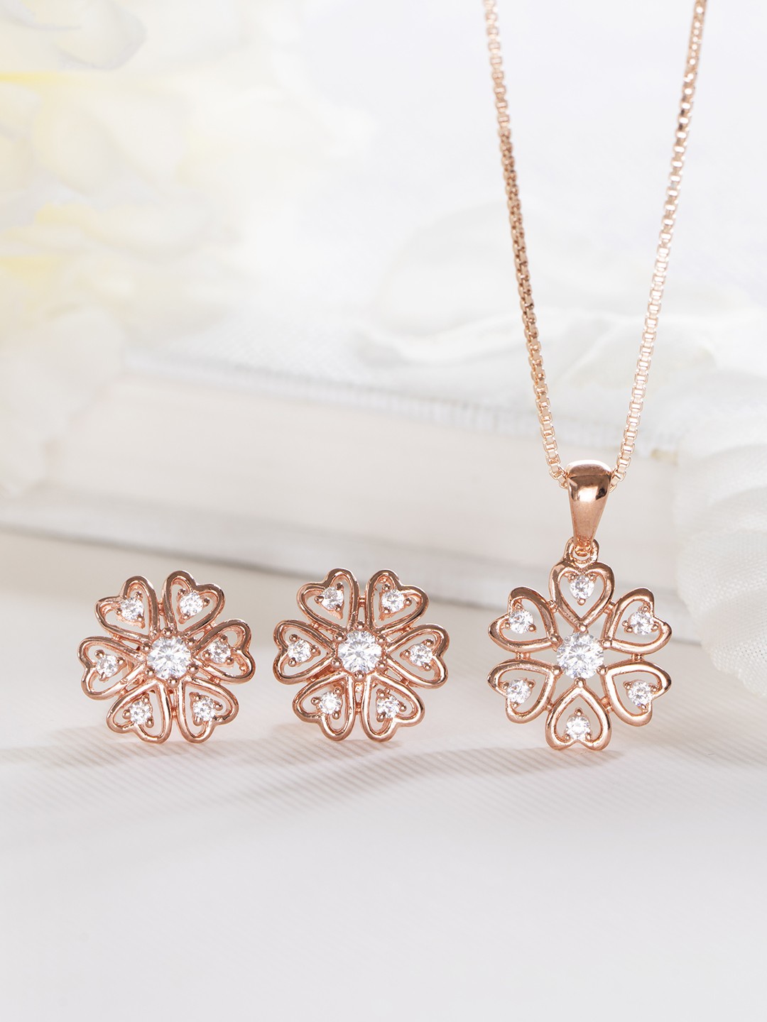 

Zavya Rose Gold-Plated CZ Studded 925 Pure Sterling Silver Jewellery Set