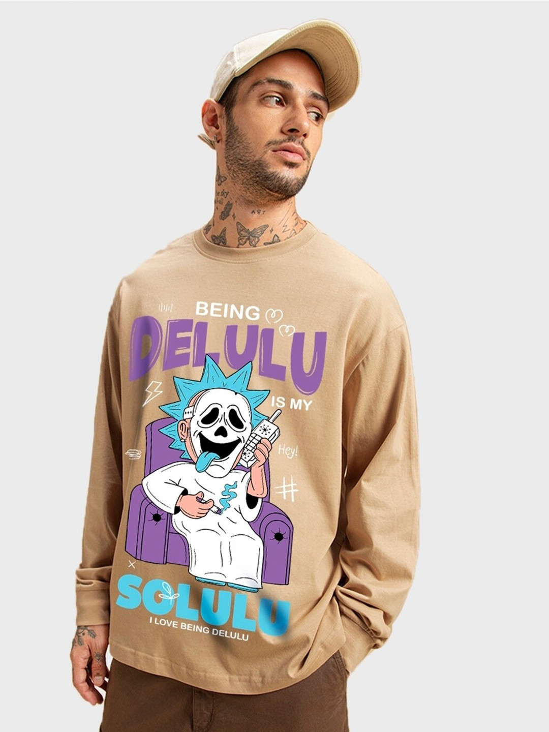 

Bewakoof Brown Delulu Is My Solulu Printed Round Neck Cotton Oversized T-shirt