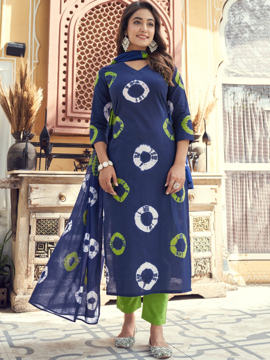 

KALINI Geometric Printed V-Neck Straight Kurta with Trousers & Dupatta, Blue