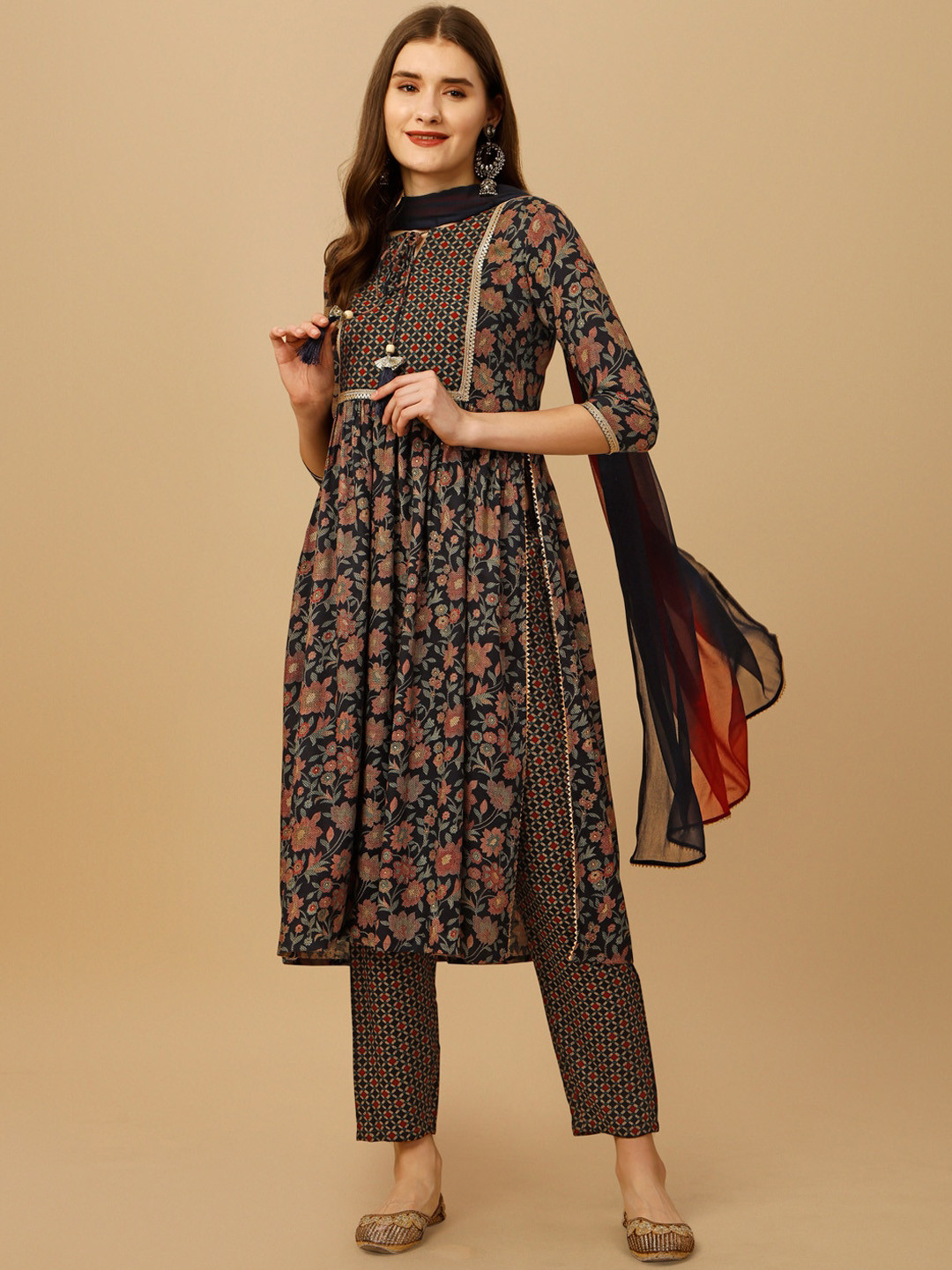 

KALINI Floral Printed Tie-Up Neck Pleated Straight Kurta & Trousers With Dupatta, Blue