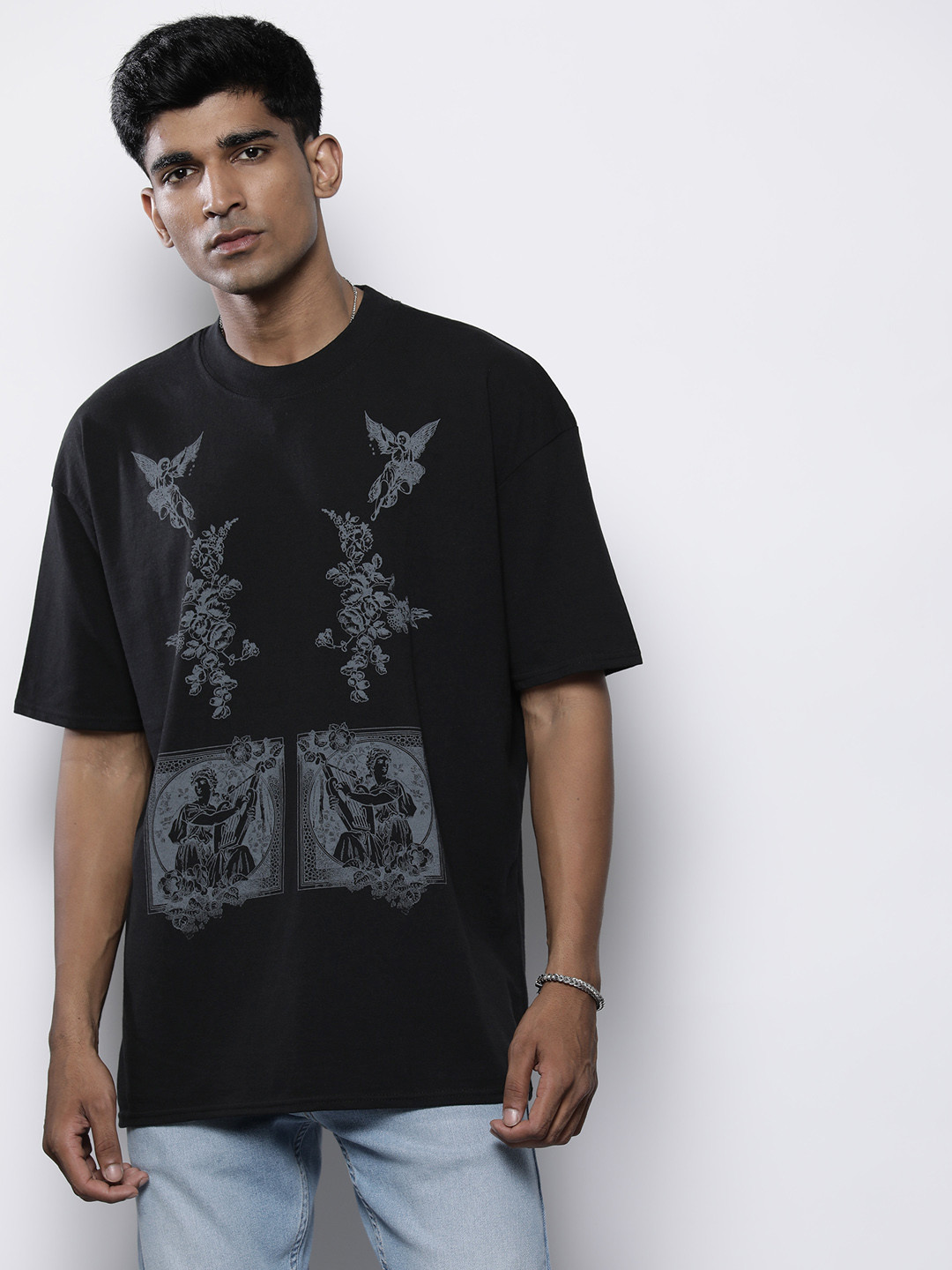 

boohooMAN Printed Pure Cotton Oversized T-shirt, Black