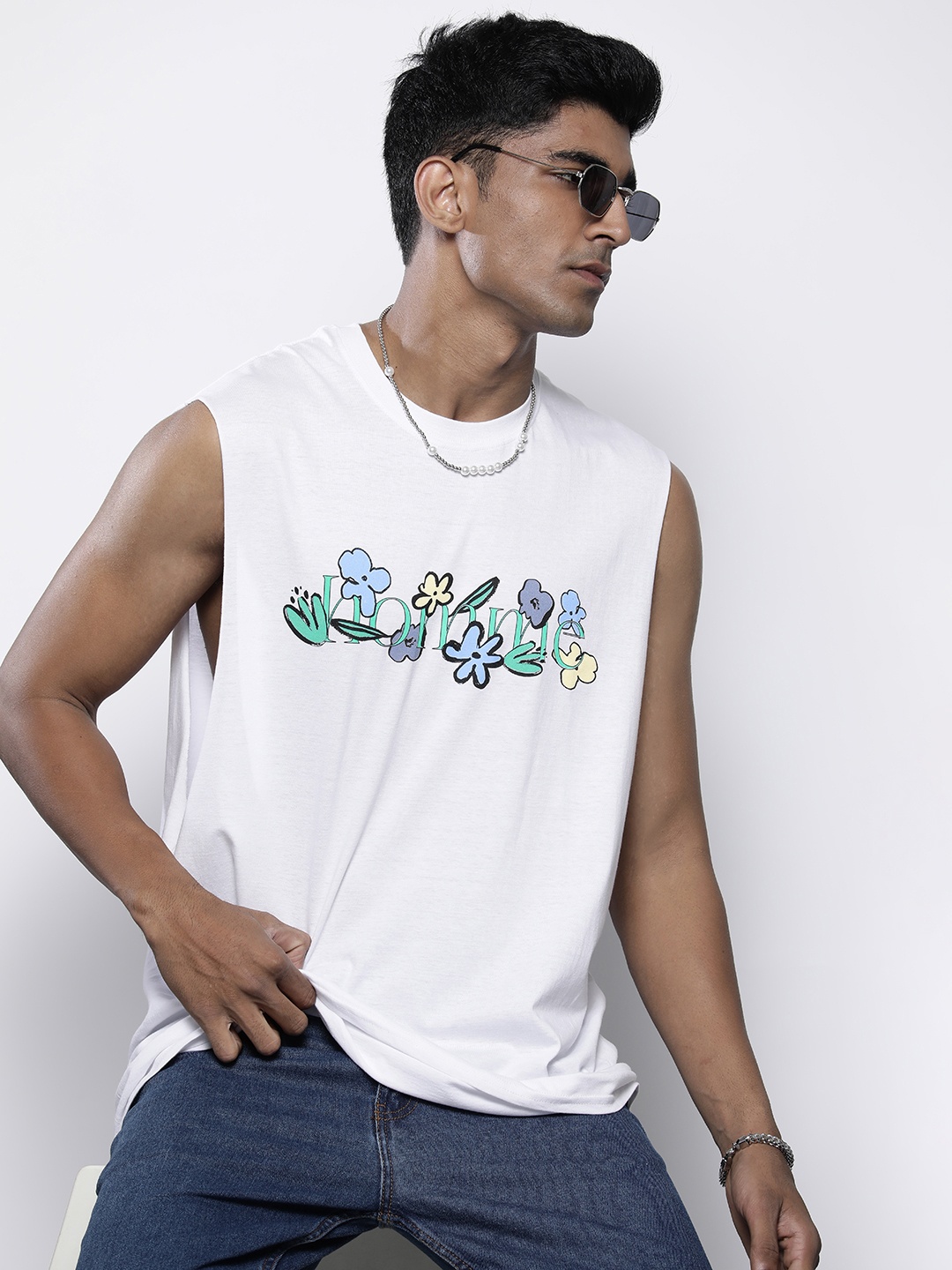 

boohooMAN Cotton Oversized Floral Print Tank T-shirt, White