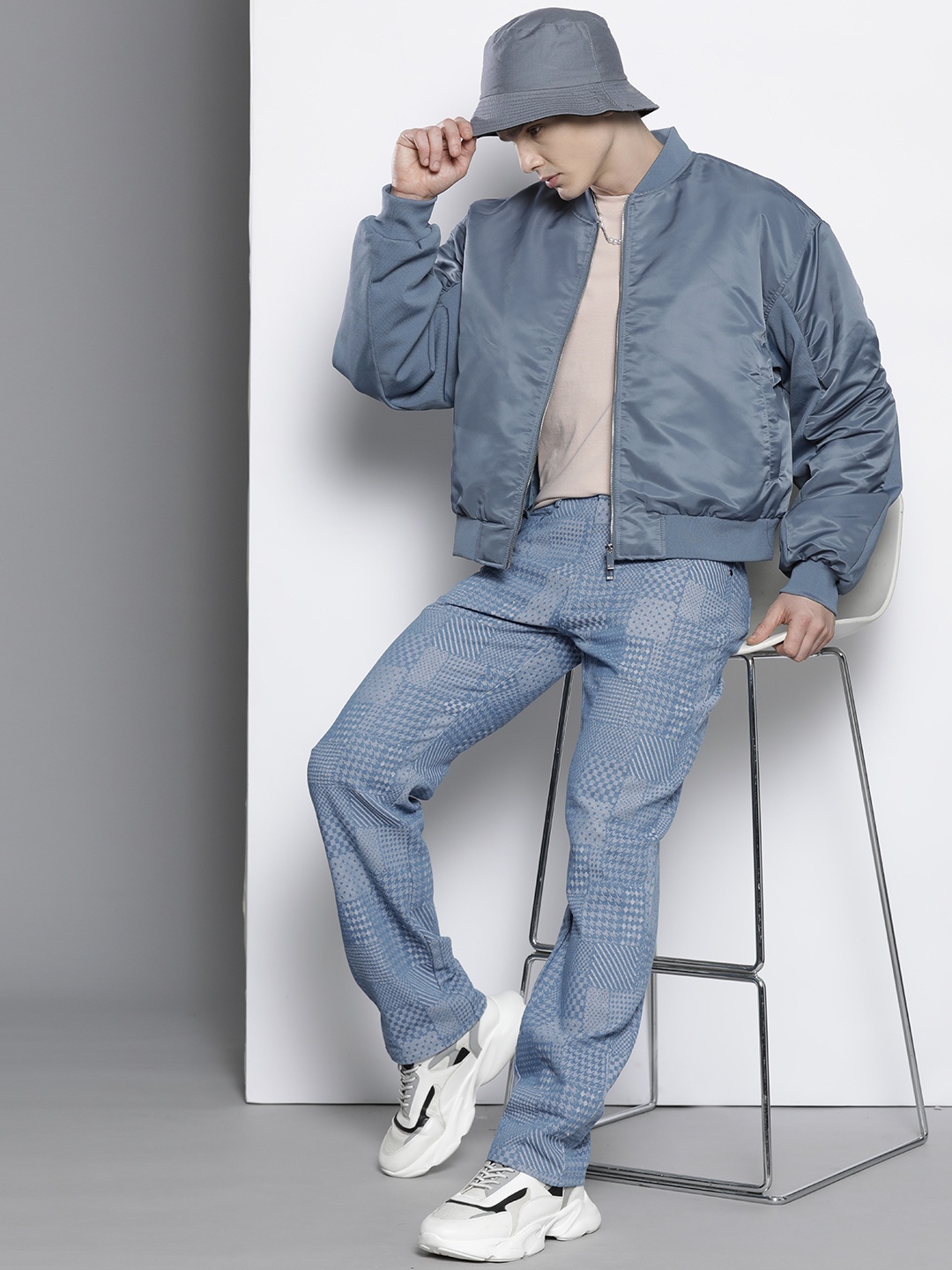 

boohooMAN Regular Fit Checked Jeans, Blue