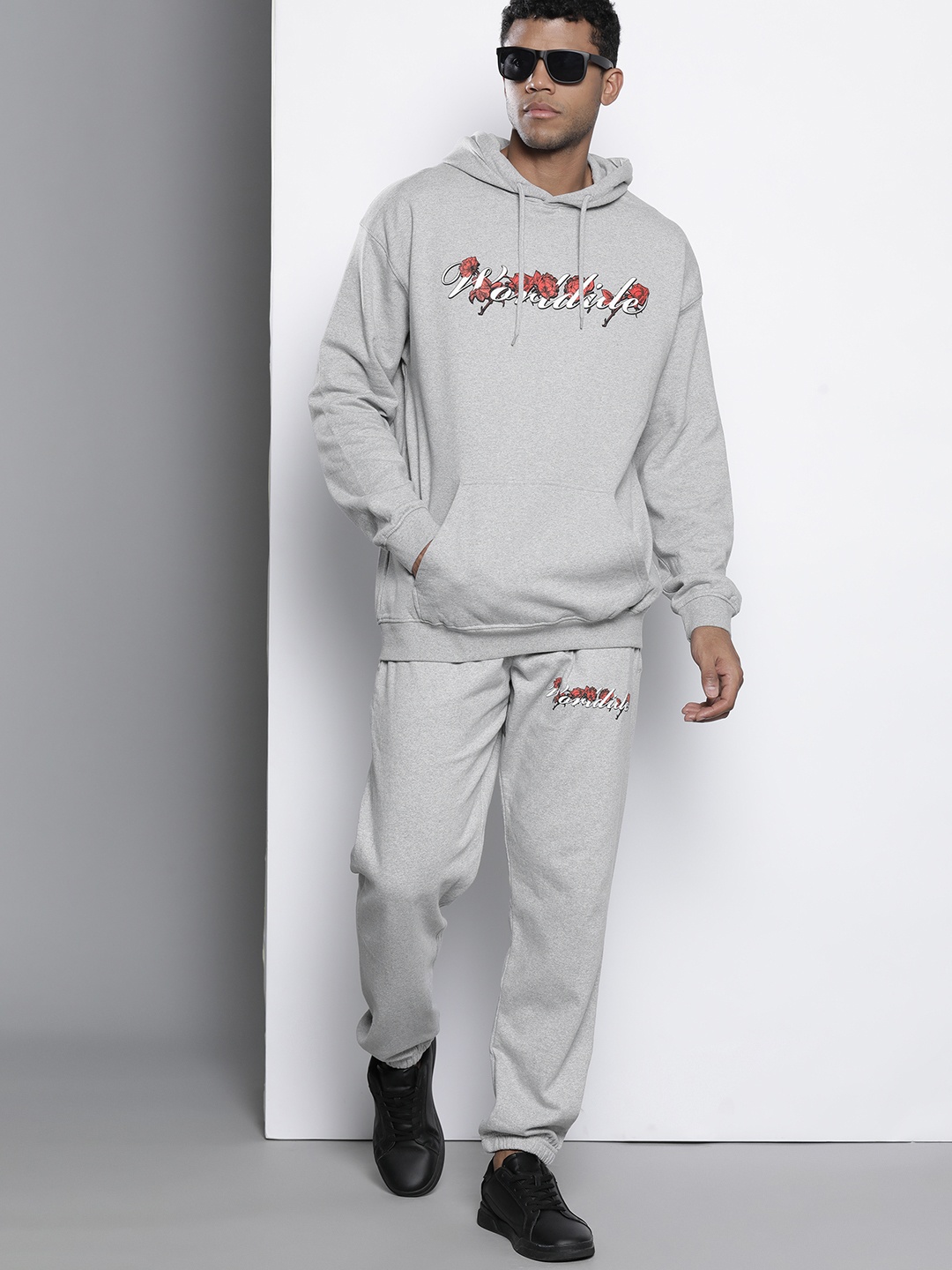 boohooMAN Typography Detailed Hooded Oversized Tracksuits, Grey melange