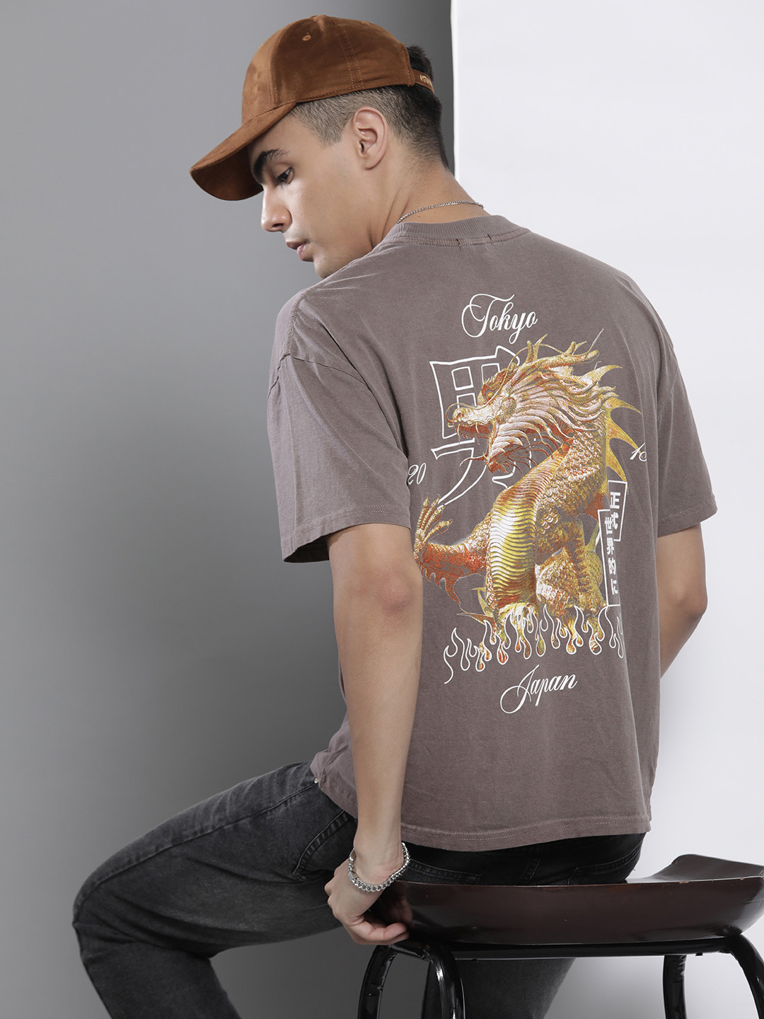 

boohooMAN Graphic Printed Drop-Shoulder Sleeves Oversize Pure Cotton T-shirt, Mauve