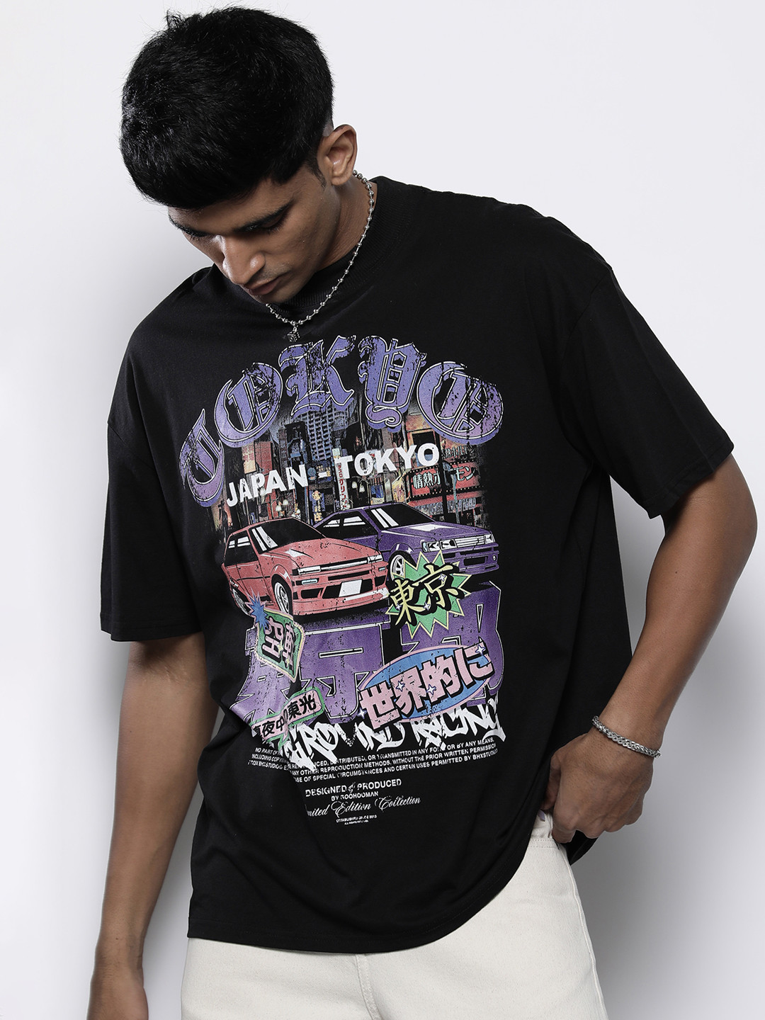 

boohooMAN Oversized Cotton Printed Drop-Shoulder Sleeves T-shirt, Black