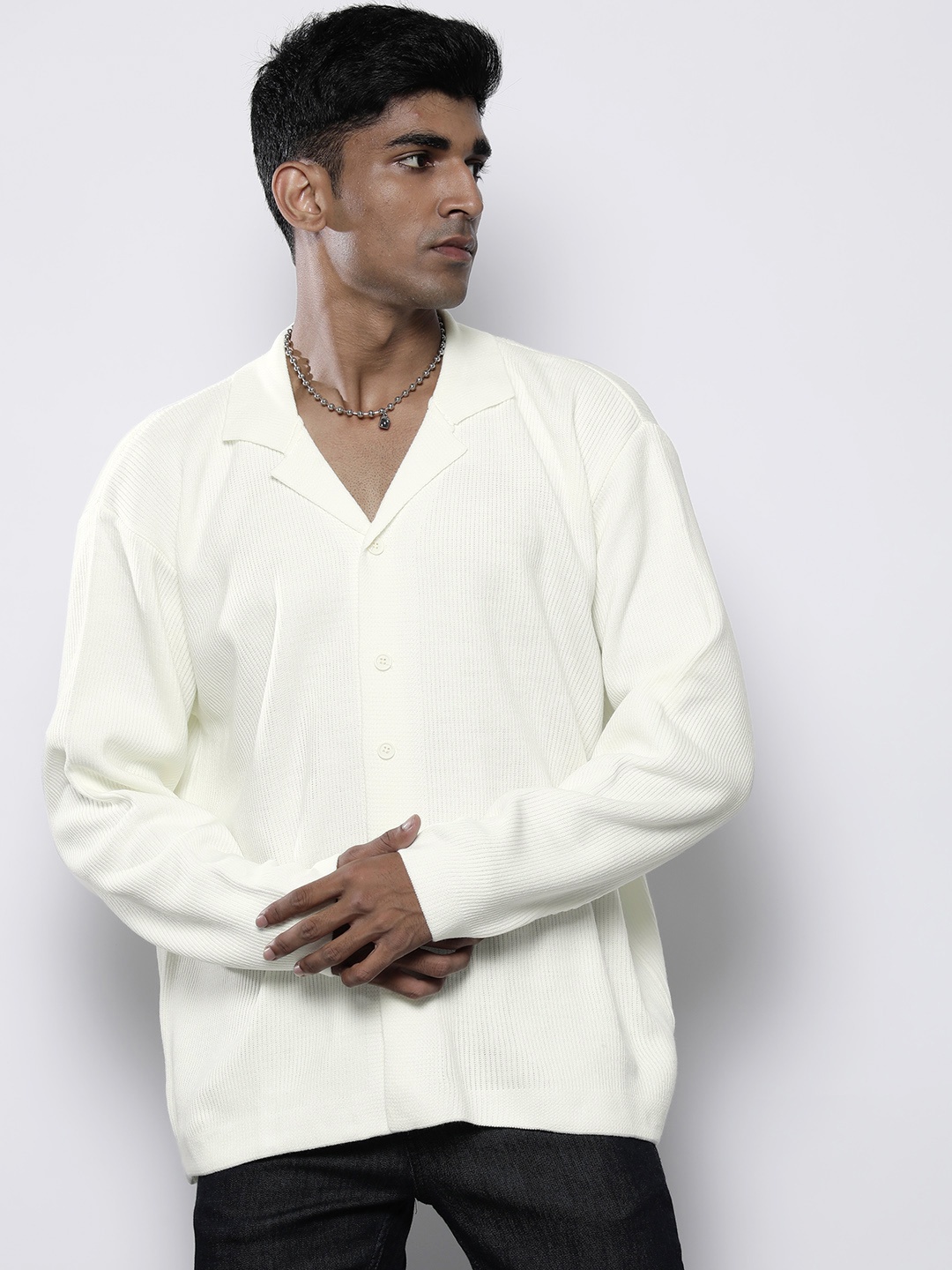 

boohooMAN Acrylic Drop-Shoulder Sleeves Shirt, Cream