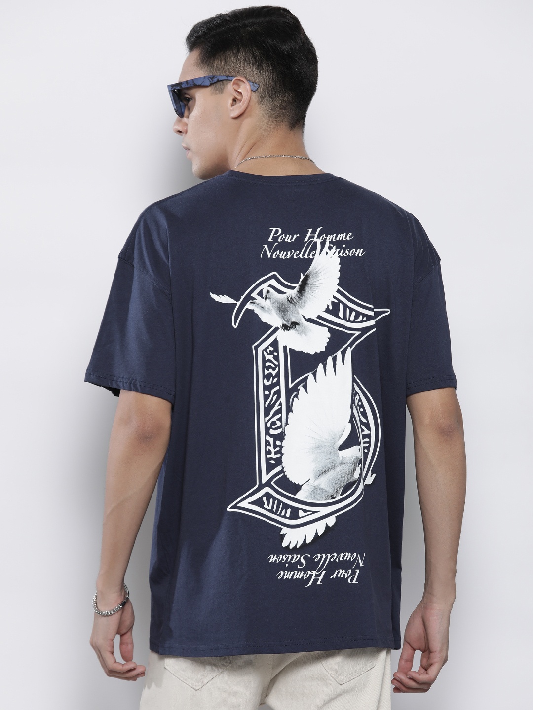 boohooMAN Back Printed Pure Cotton Oversized T-shirt, Navy blue