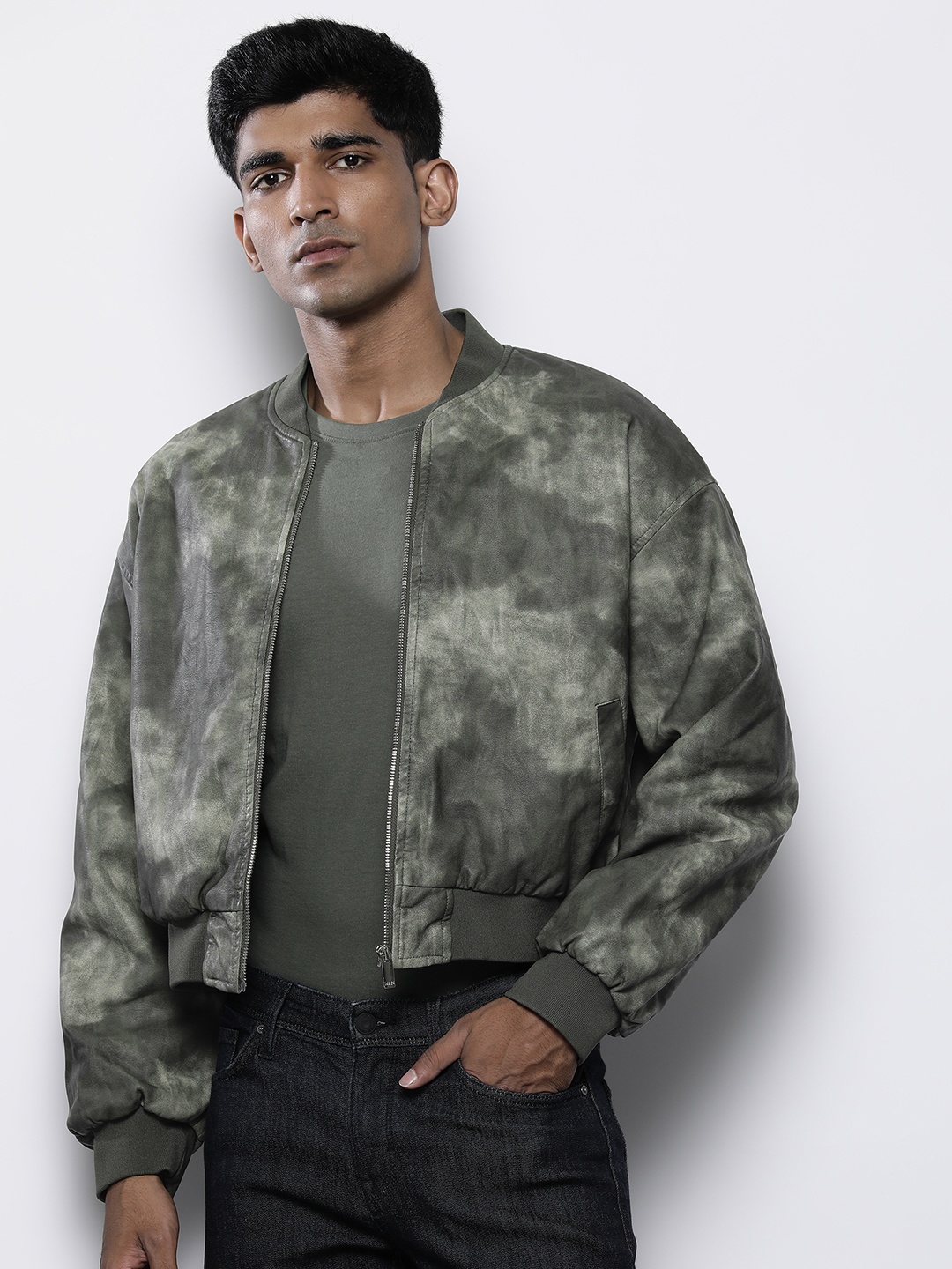 

boohooMAN Boxy Washed Faux Leather Collared Bomber Jacket, Green