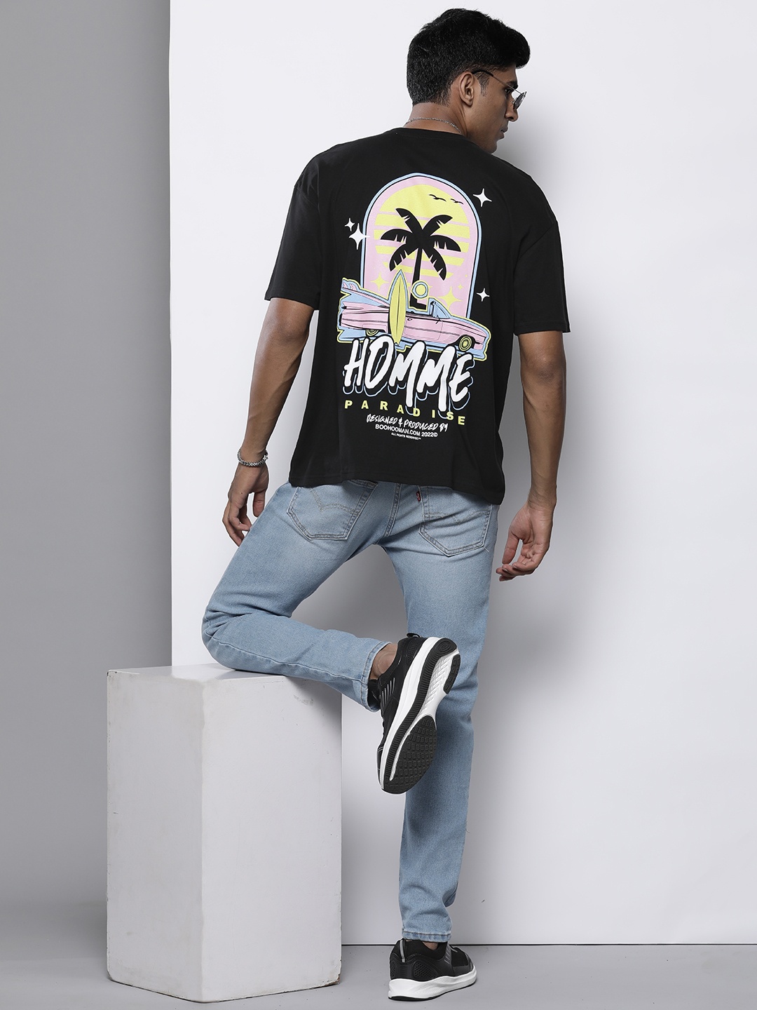 

boohooMAN Graphic Printed Oversized Pure Cotton T-shirt, Black