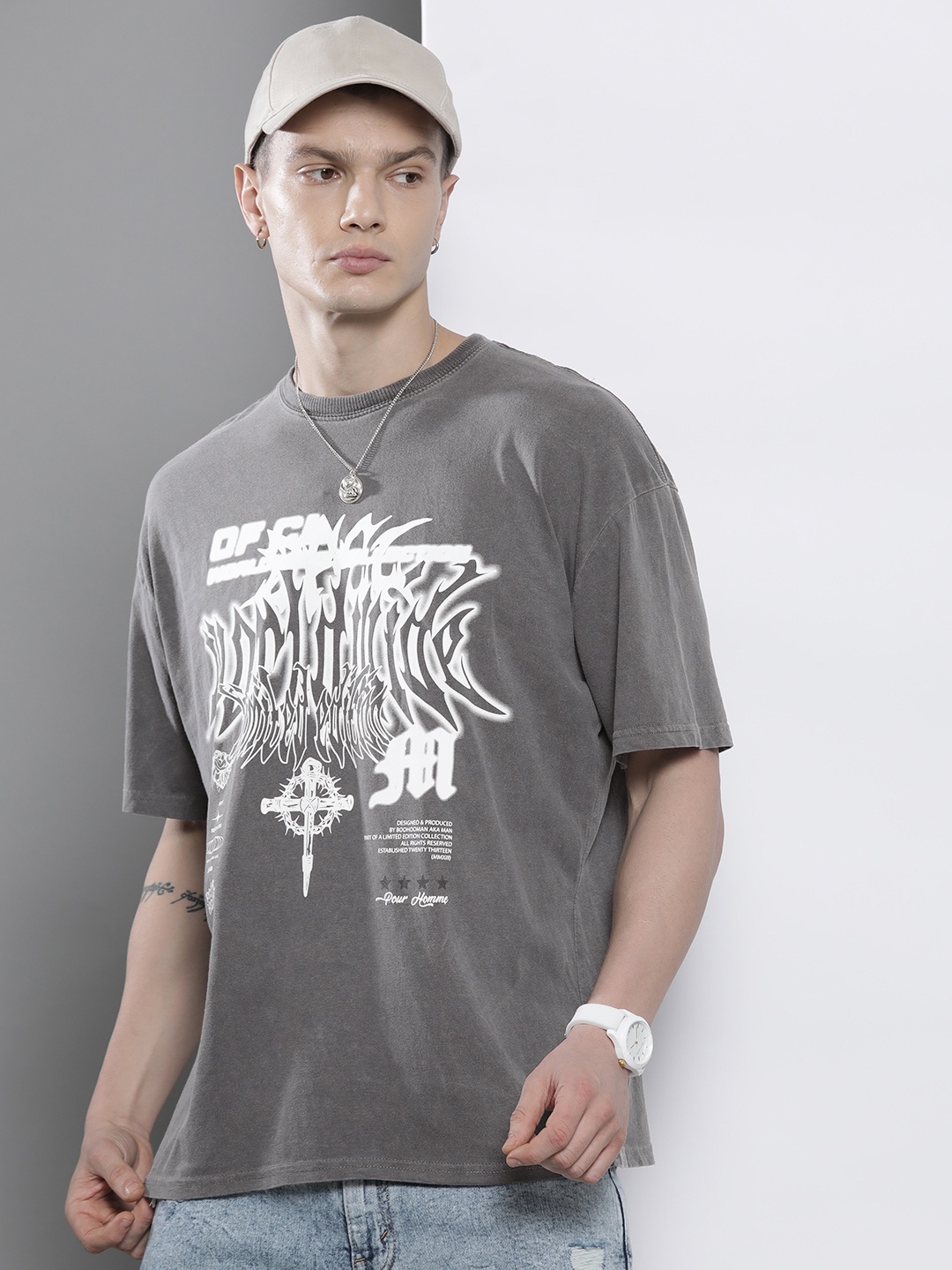 

boohooMAN Typography Printed Pure Cotton Oversized T-shirt, Grey
