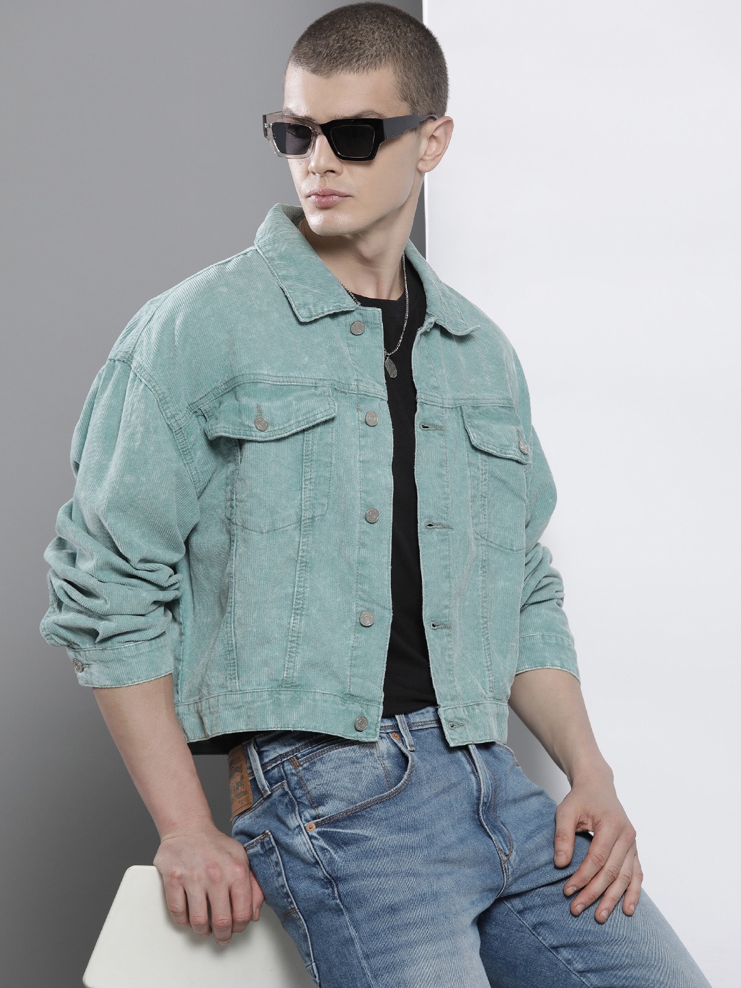 

boohooMAN Spread Collar Corduroy Tailored Jacket, Green