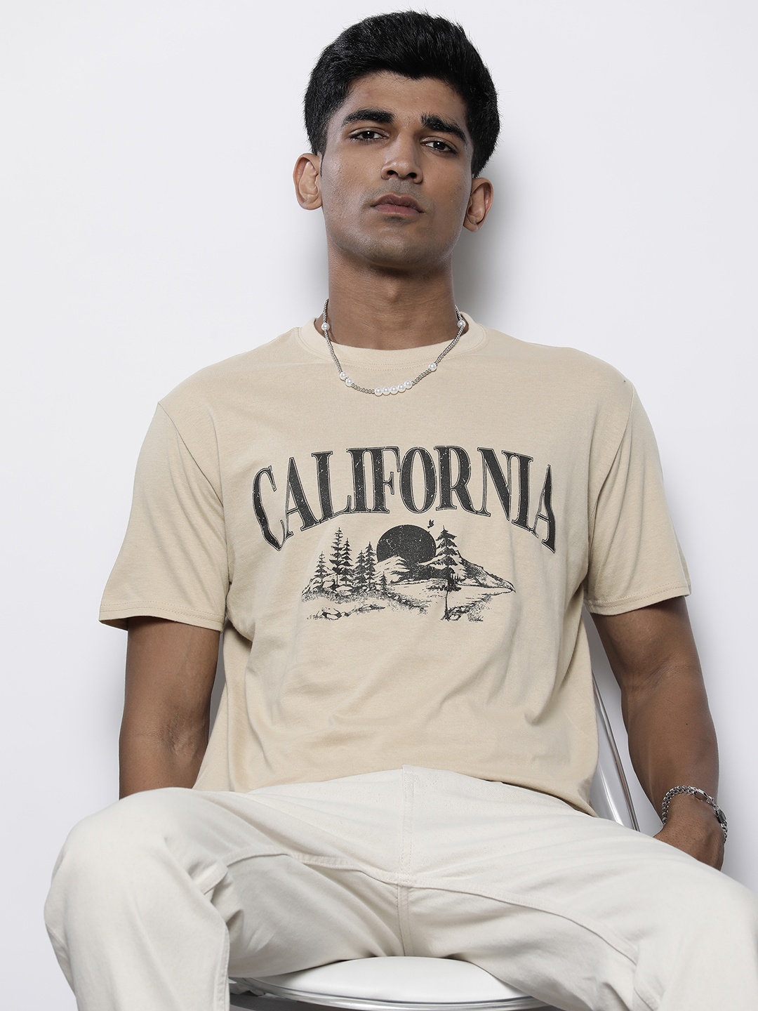 

boohooMAN Typography Printed Oversized Pure Cotton T-shirt, Beige