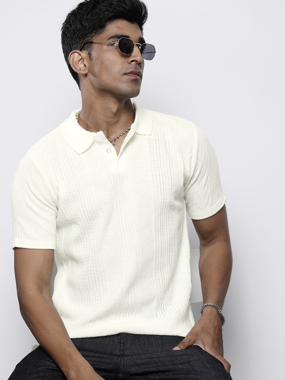 

boohooMAN Acrylic Self Design Polo Collar T-shirt, Cream