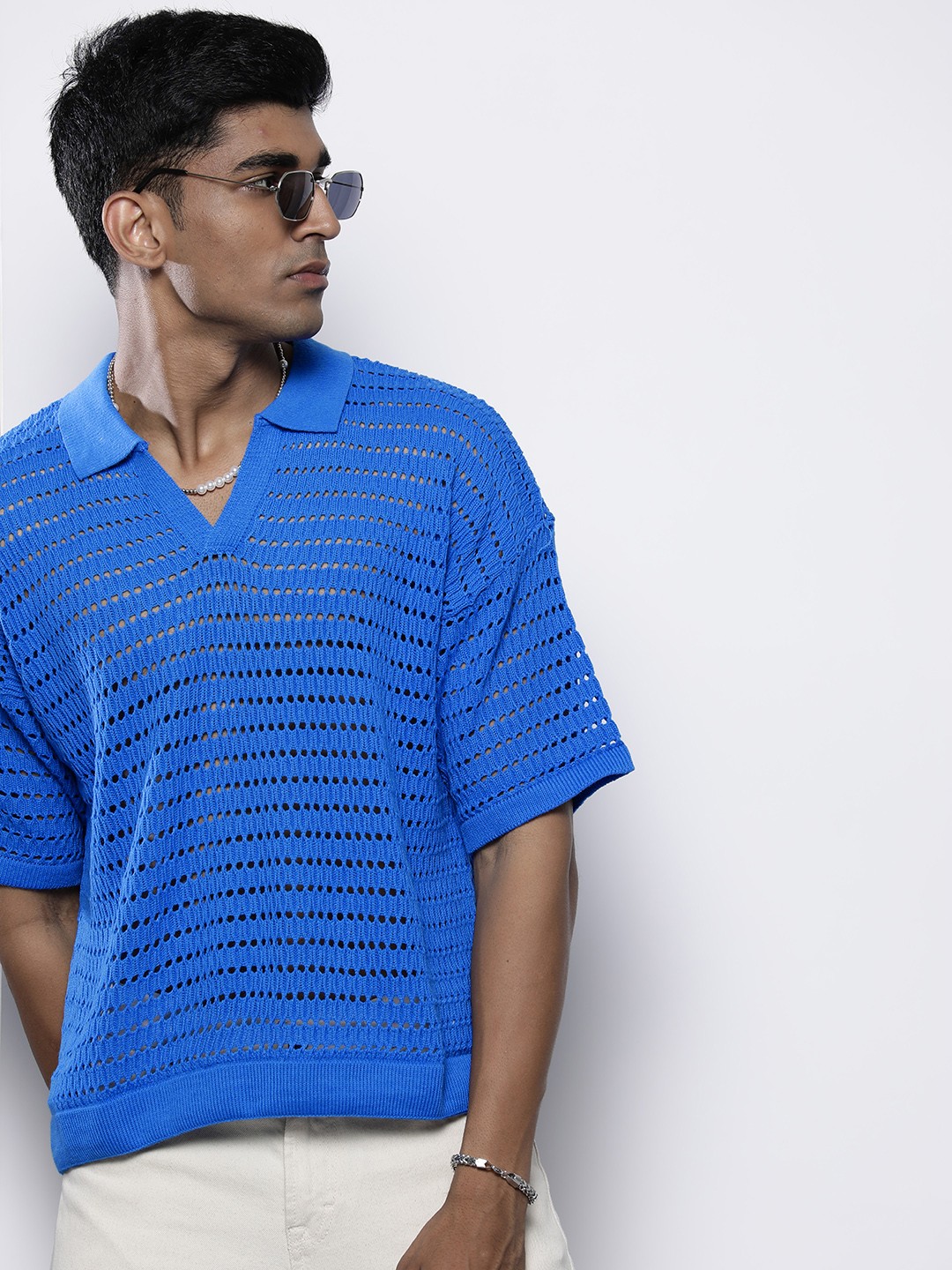 

boohooMAN Acrylic Polo Collar Open Knit Boxy T-shirt, Blue