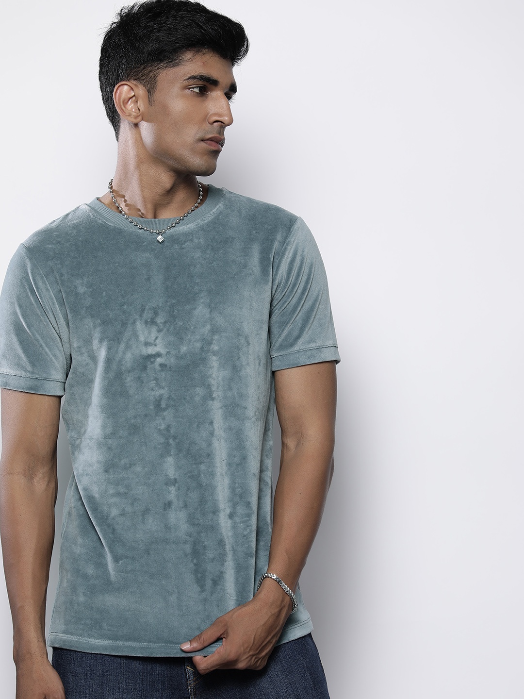 

boohooMAN Velour Slim Fit T-shirt, Blue