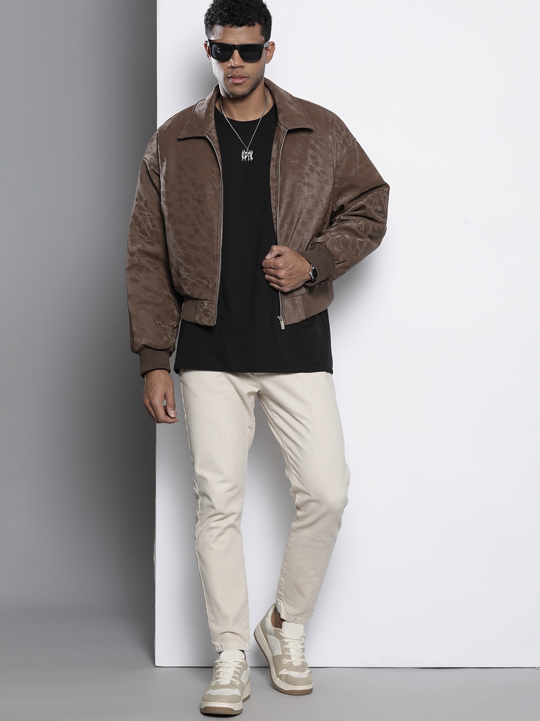

boohooMAN Self-Design PU Boxy Bomber Jacket, Brown