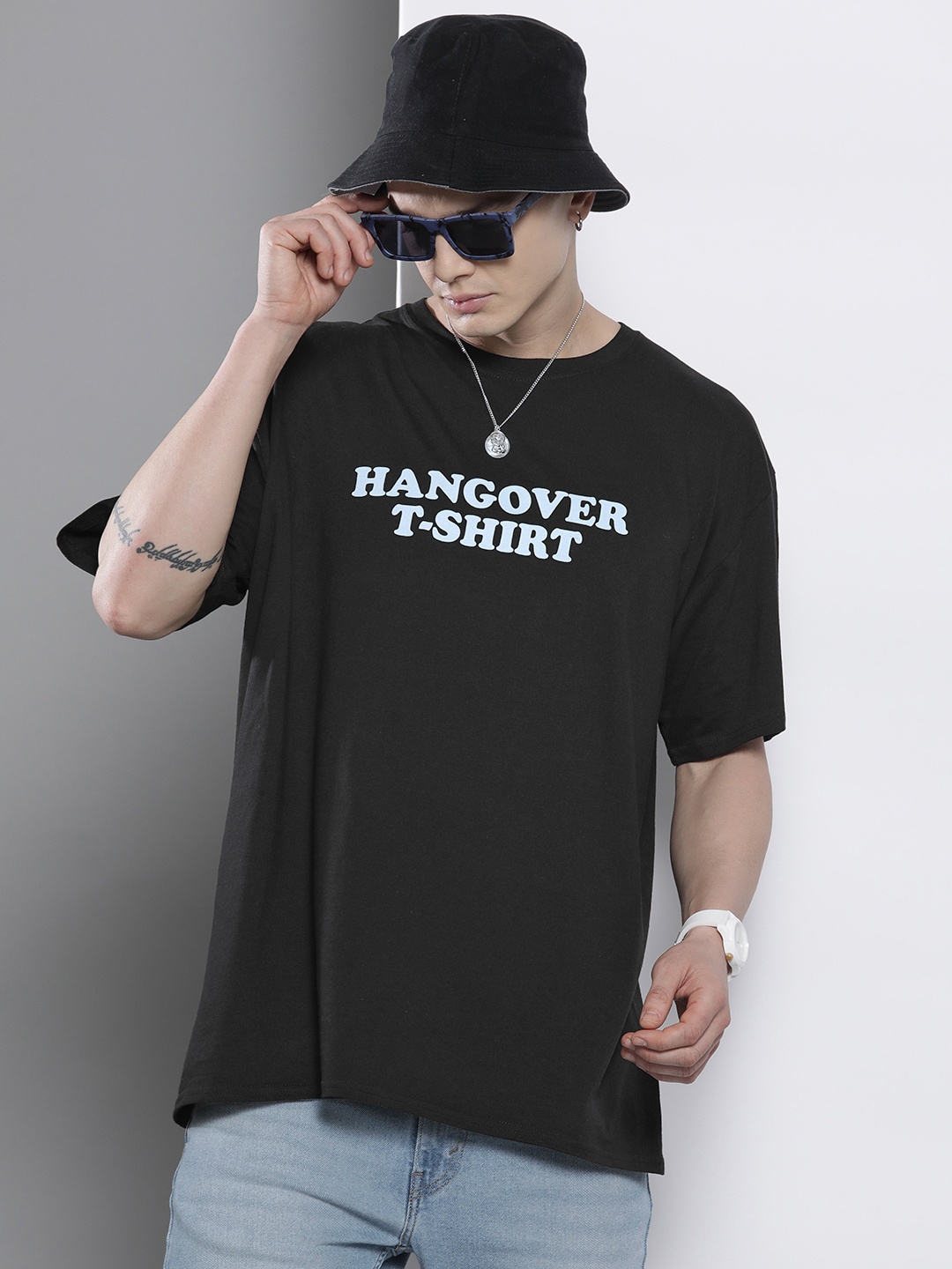 

boohooMAN Typography Detailed Drop-Shoulder Sleeves Oversize Pure Cotton T-shirt, Black