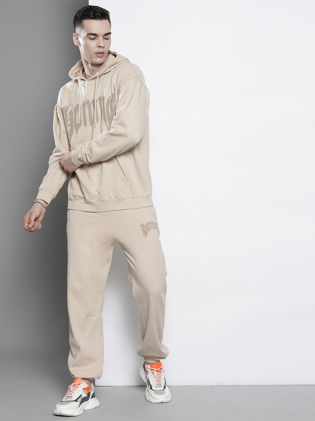 

boohooMAN Typography Detailed Hooded Oversized Tracksuits, Beige