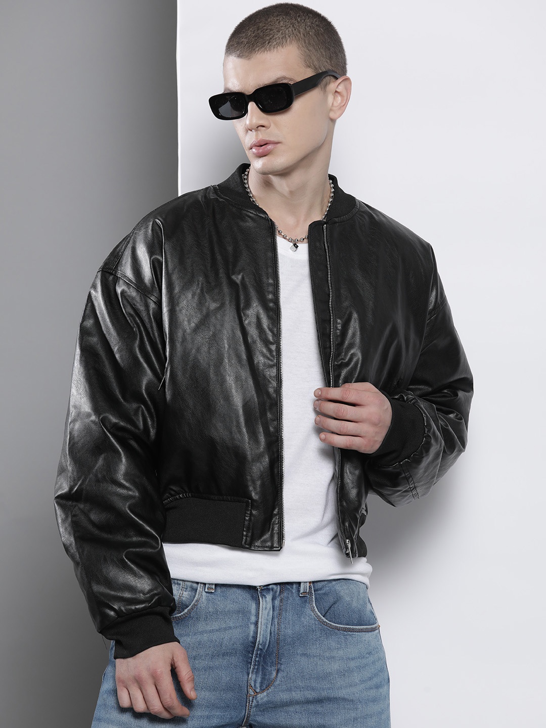 

boohooMAN Faux Leather Crop Bomber Jacket, Black