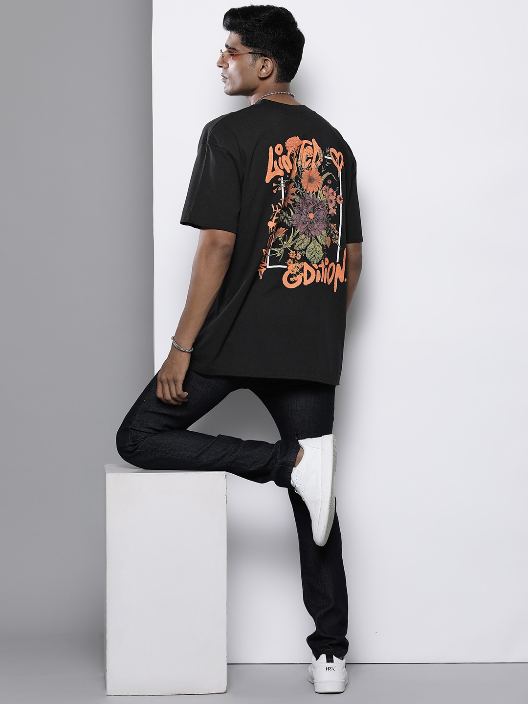 boohooMAN Floral Printed Oversized Pure Cotton T-shirt, Black