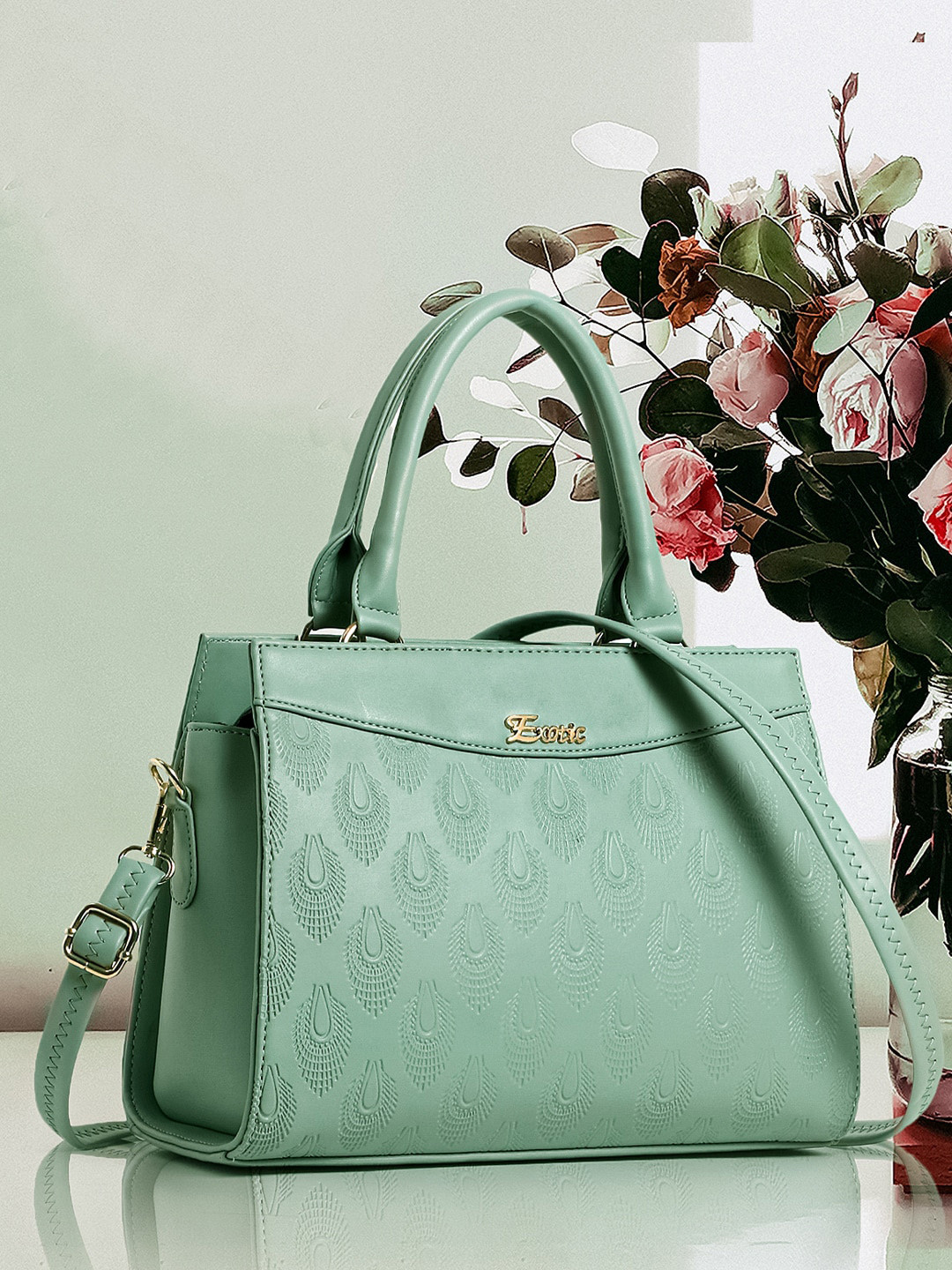 

Exotic Textured Self Design Handheld Bag, Green