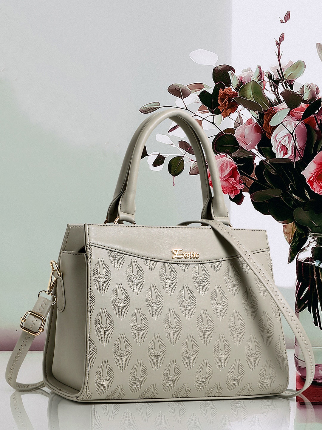 Exotic Textured Self Design Handheld Bag, Cream