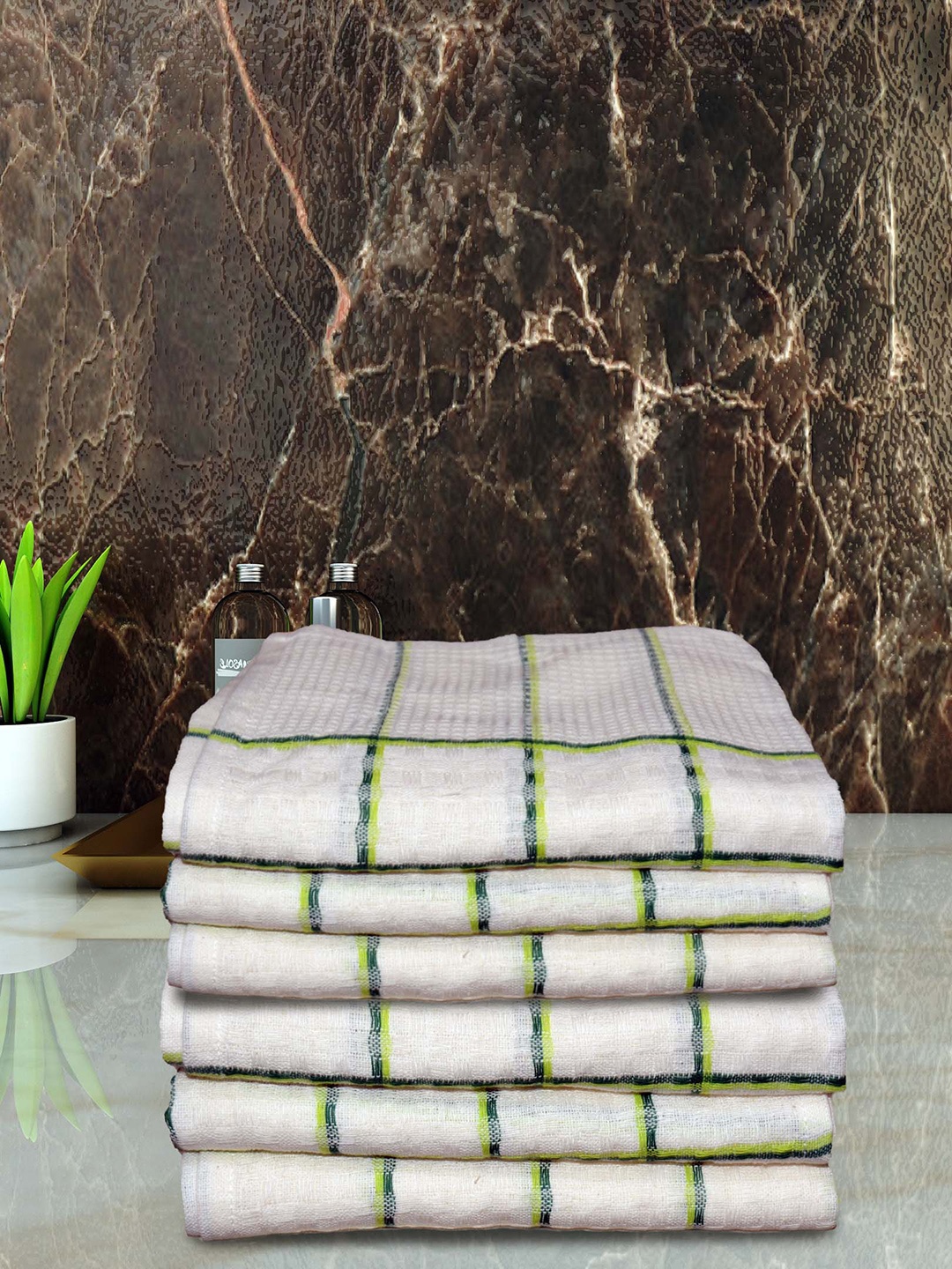 

Athom Living White & Green 6 Pieces Striped 210 GSM Pure Cotton Quick Dry Hand Towels