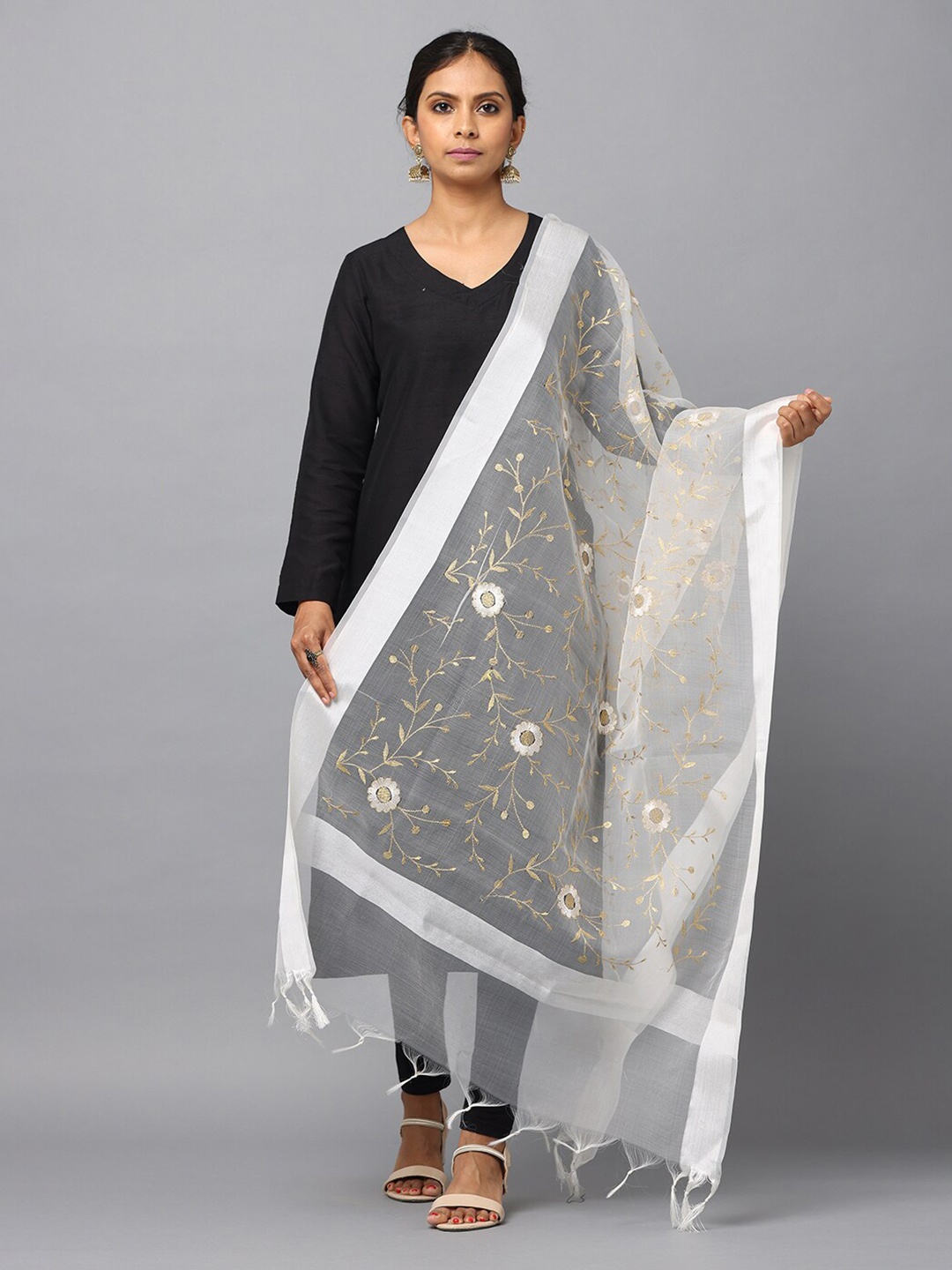 

HELLA FASHIONS Embroidered Chanderi Dupatta With Tasselled, White