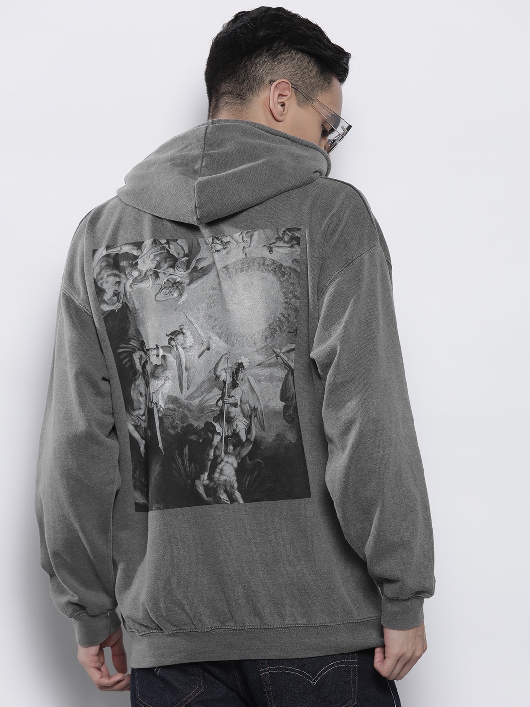 

boohooMAN Cotton Printed Hooded Oversized Sweatshirt, Grey