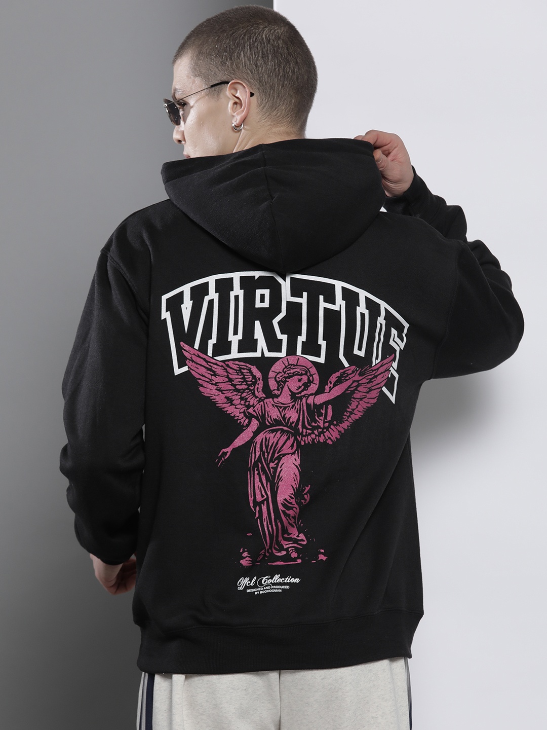 

boohooMAN Back Print Hooded Oversized Sweatshirt, Black
