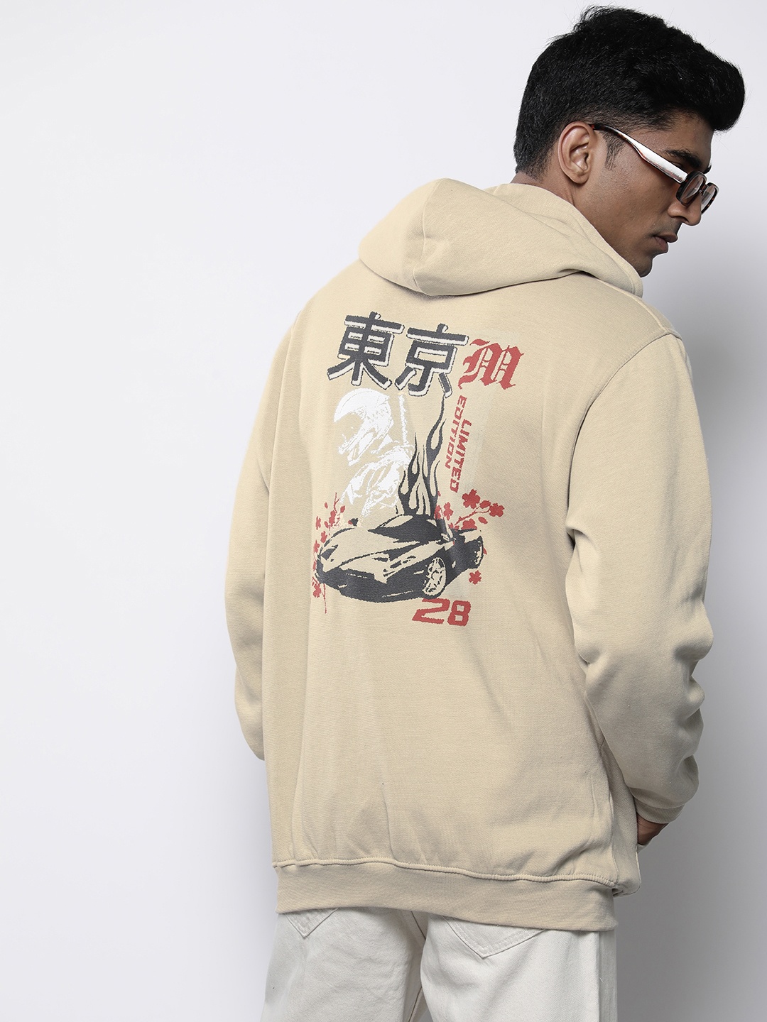 

boohooMAN Cotton Printed Hooded Oversized Sweatshirt, Beige
