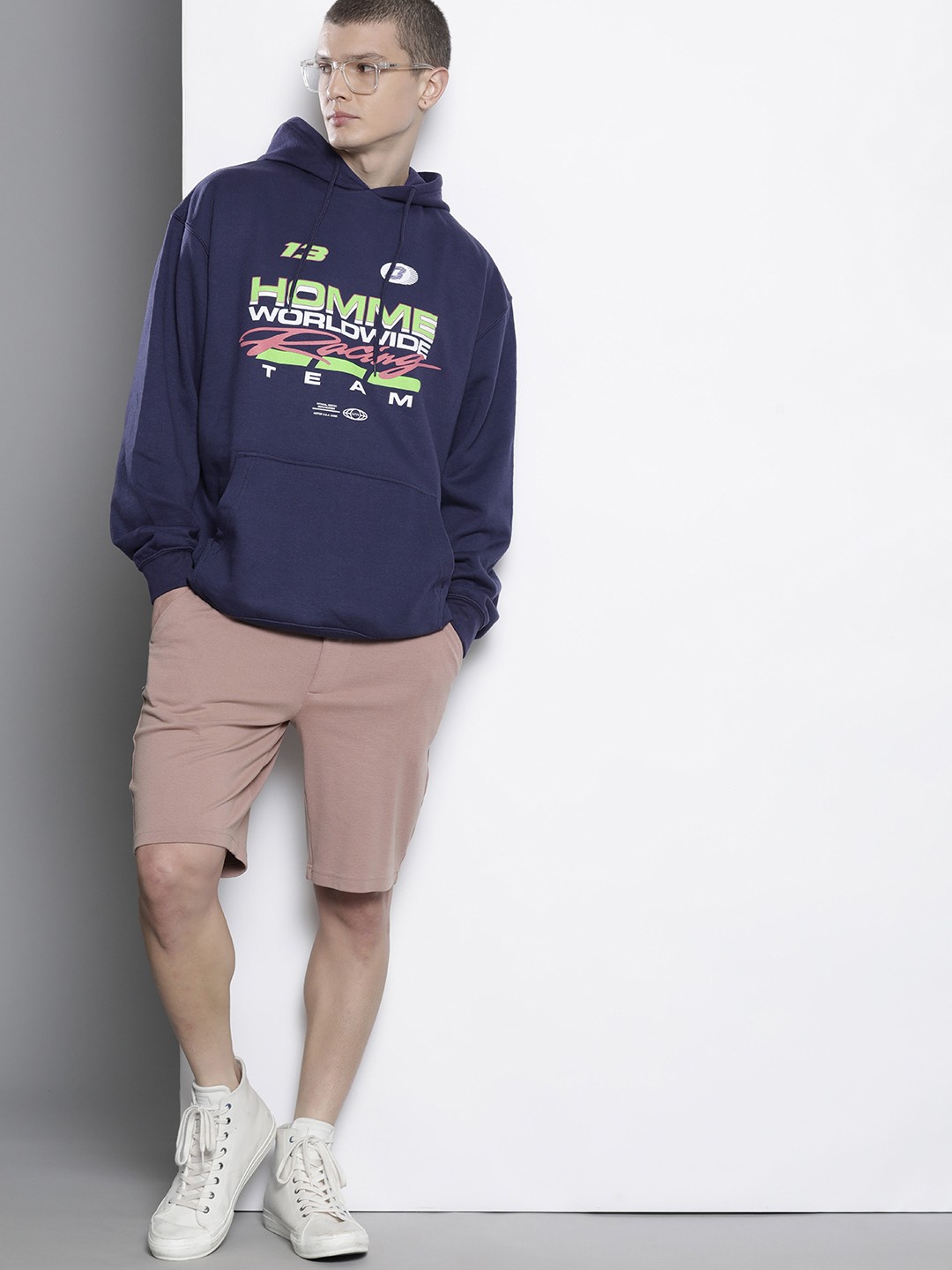 

boohooMAN Typography Printed Hooded Sweatshirt, Navy blue