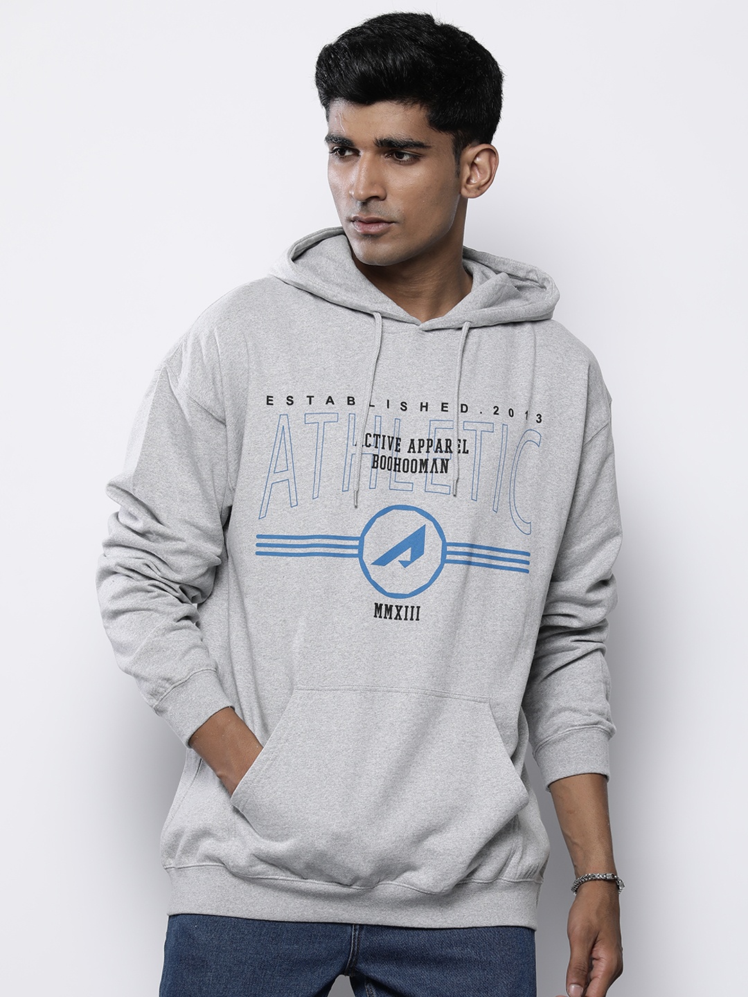 

boohooMAN Printed Hooded Oversized Sweatshirt, Grey melange