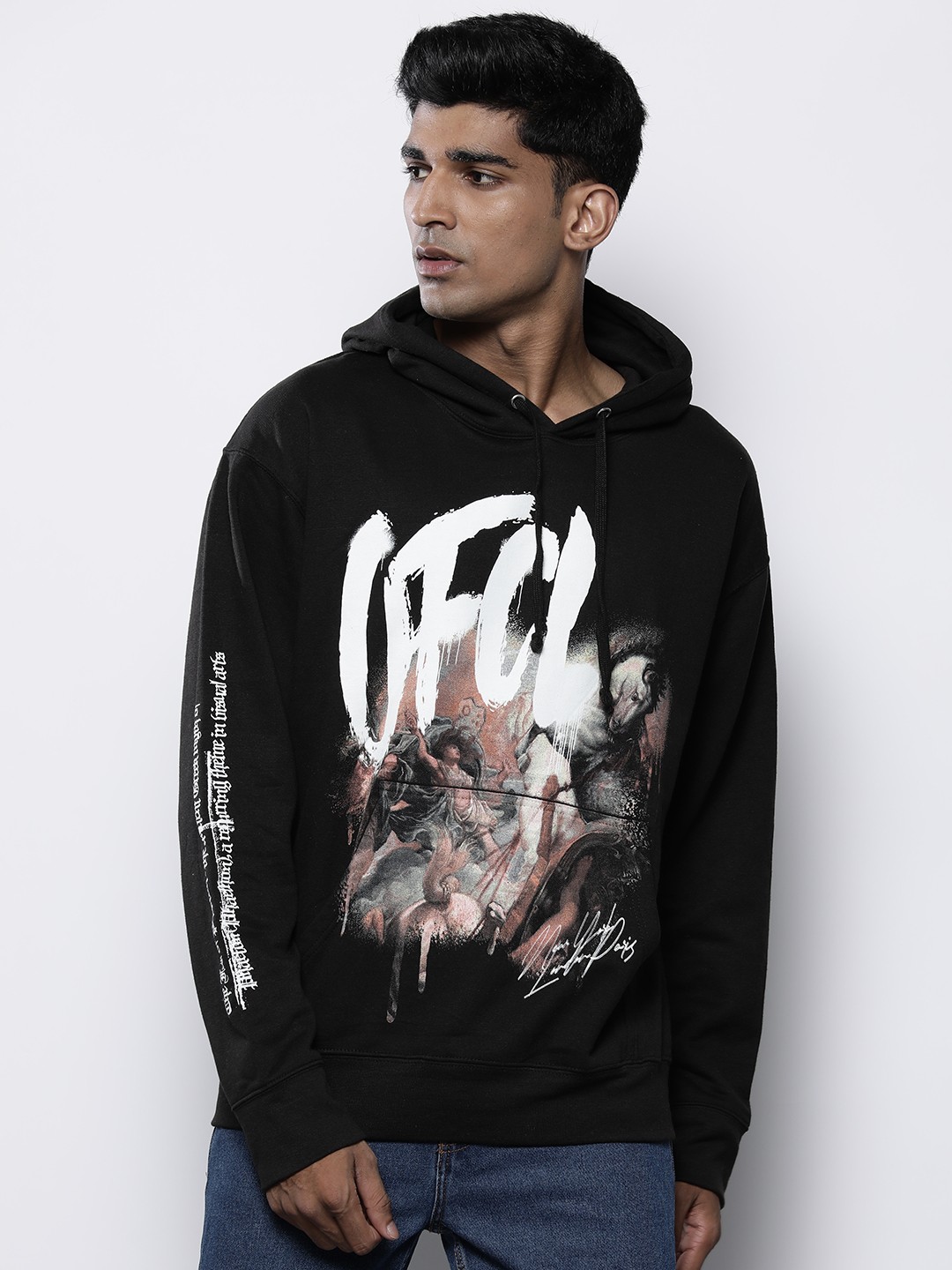 

boohooMAN Printed Hooded Oversized Sweatshirt, Black
