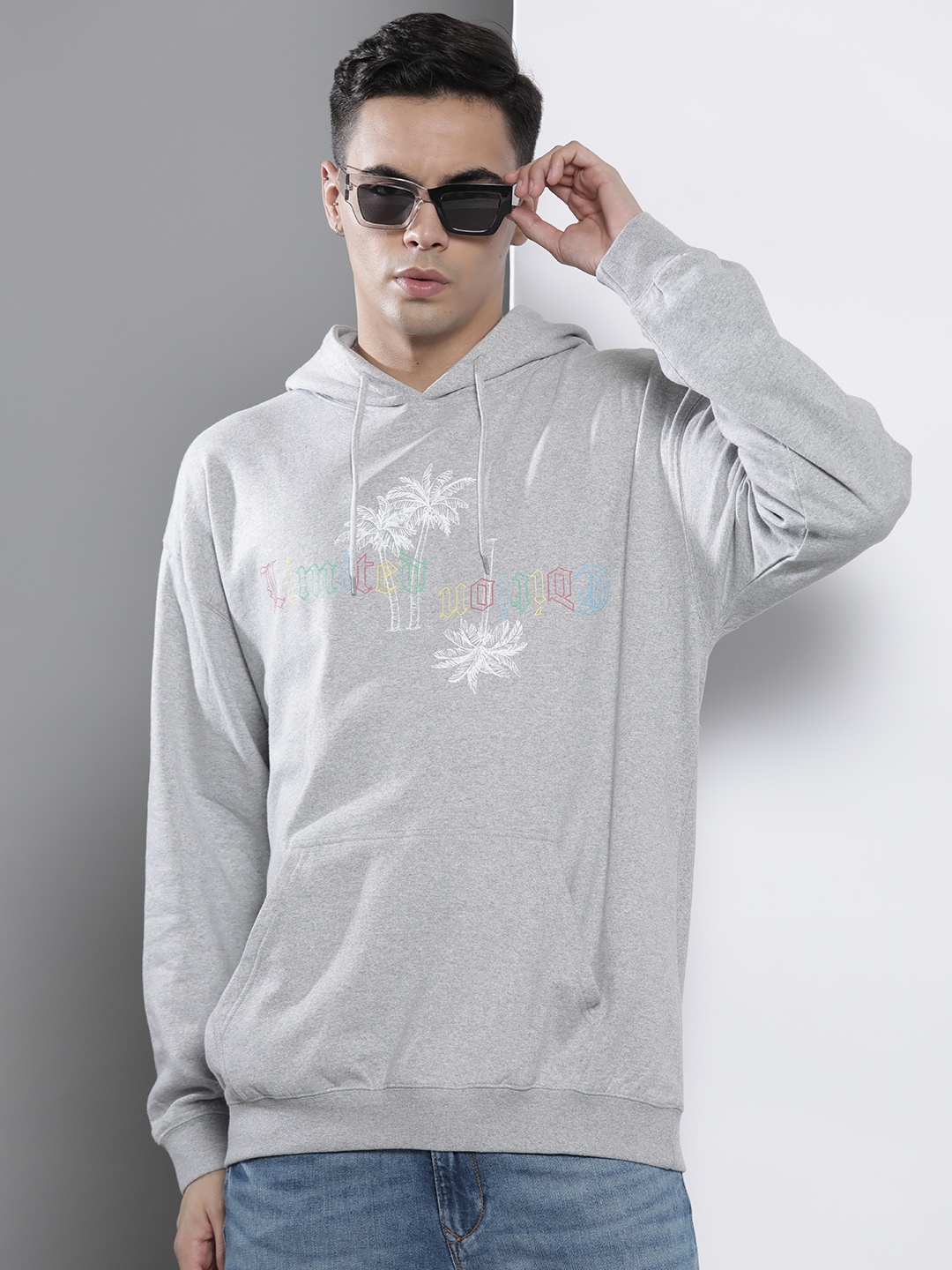 

boohooMAN Palm Printed Hooded Sweatshirt, Grey melange