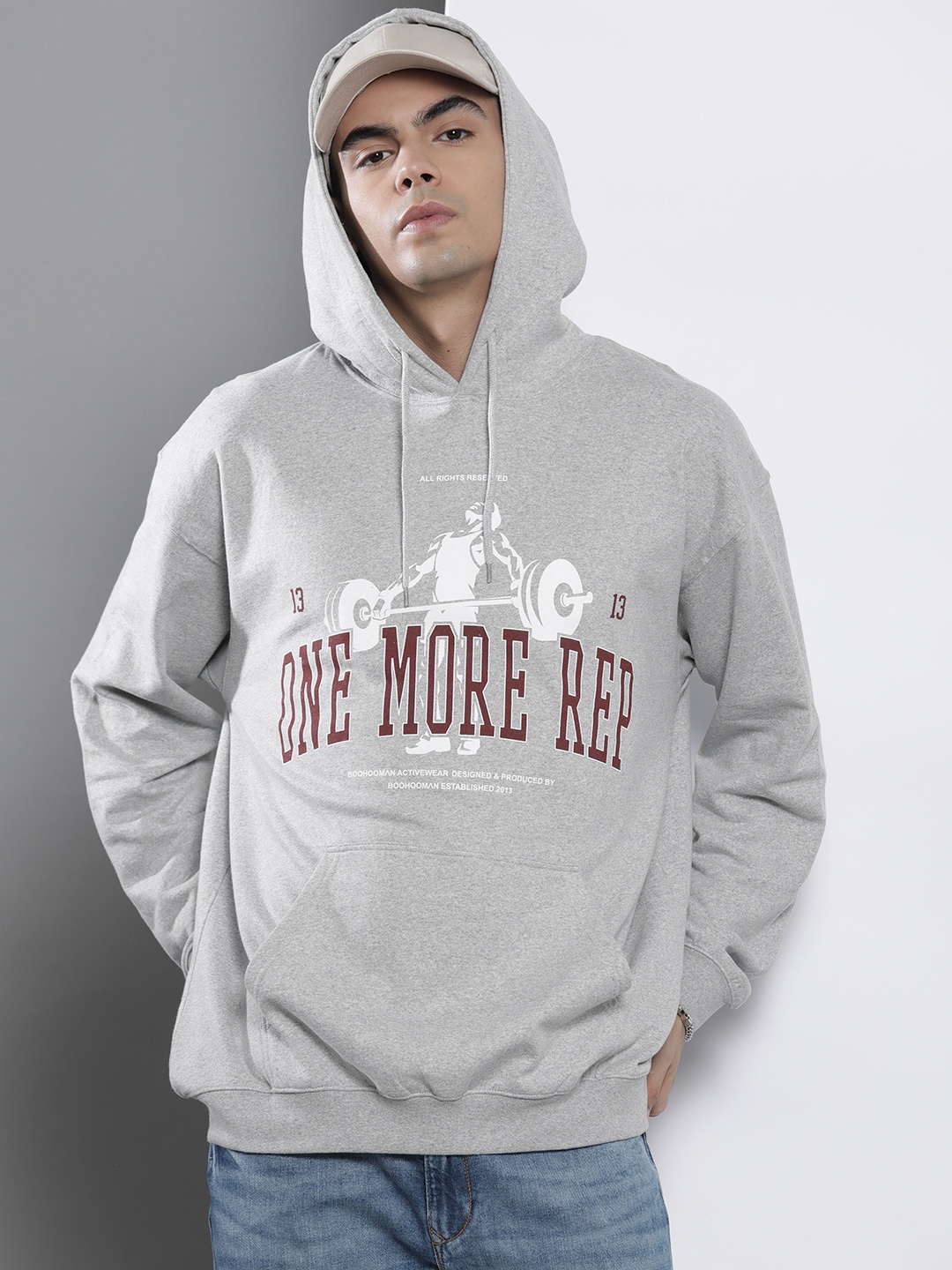 

boohooMAN Oversized Printed Hooded Sweatshirt, Grey melange