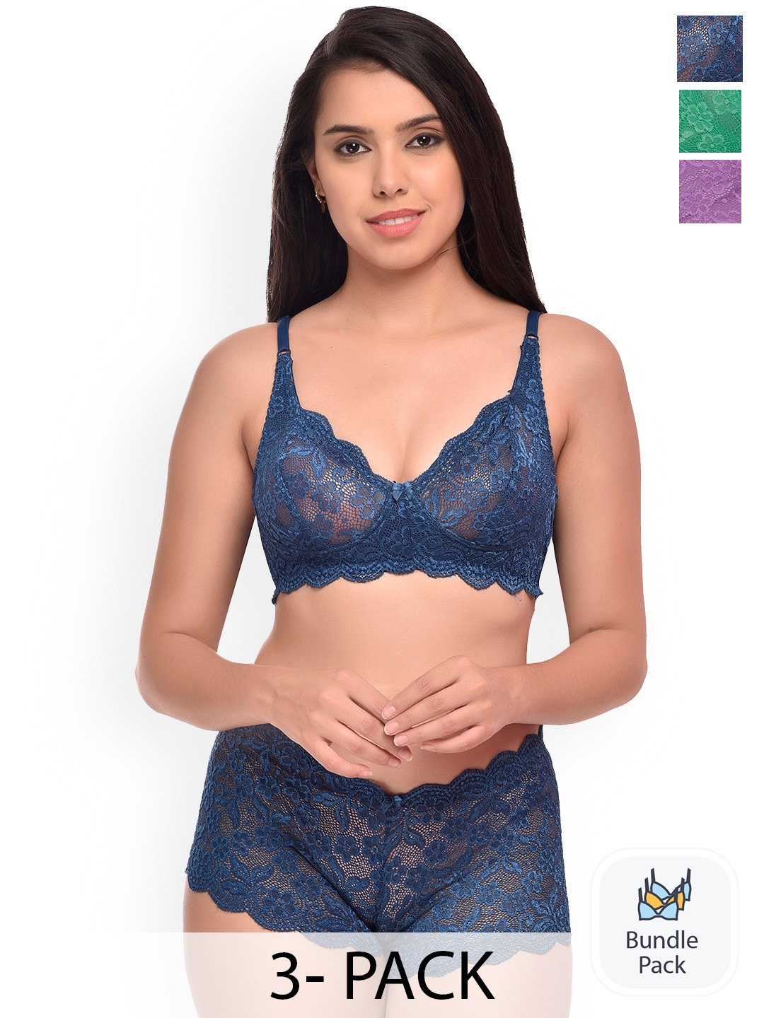 

AROUSY Pack Of 3 Self-Design Net Lingerie Set, Blue