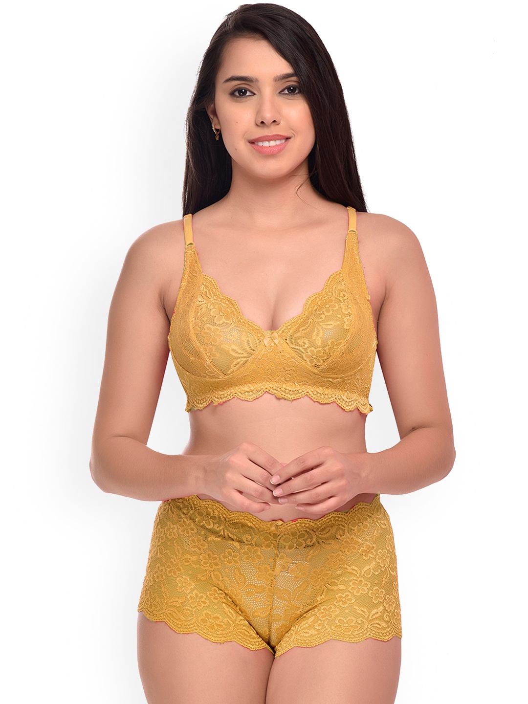 

AROUSY Self Design Net Lingerie Set, Yellow