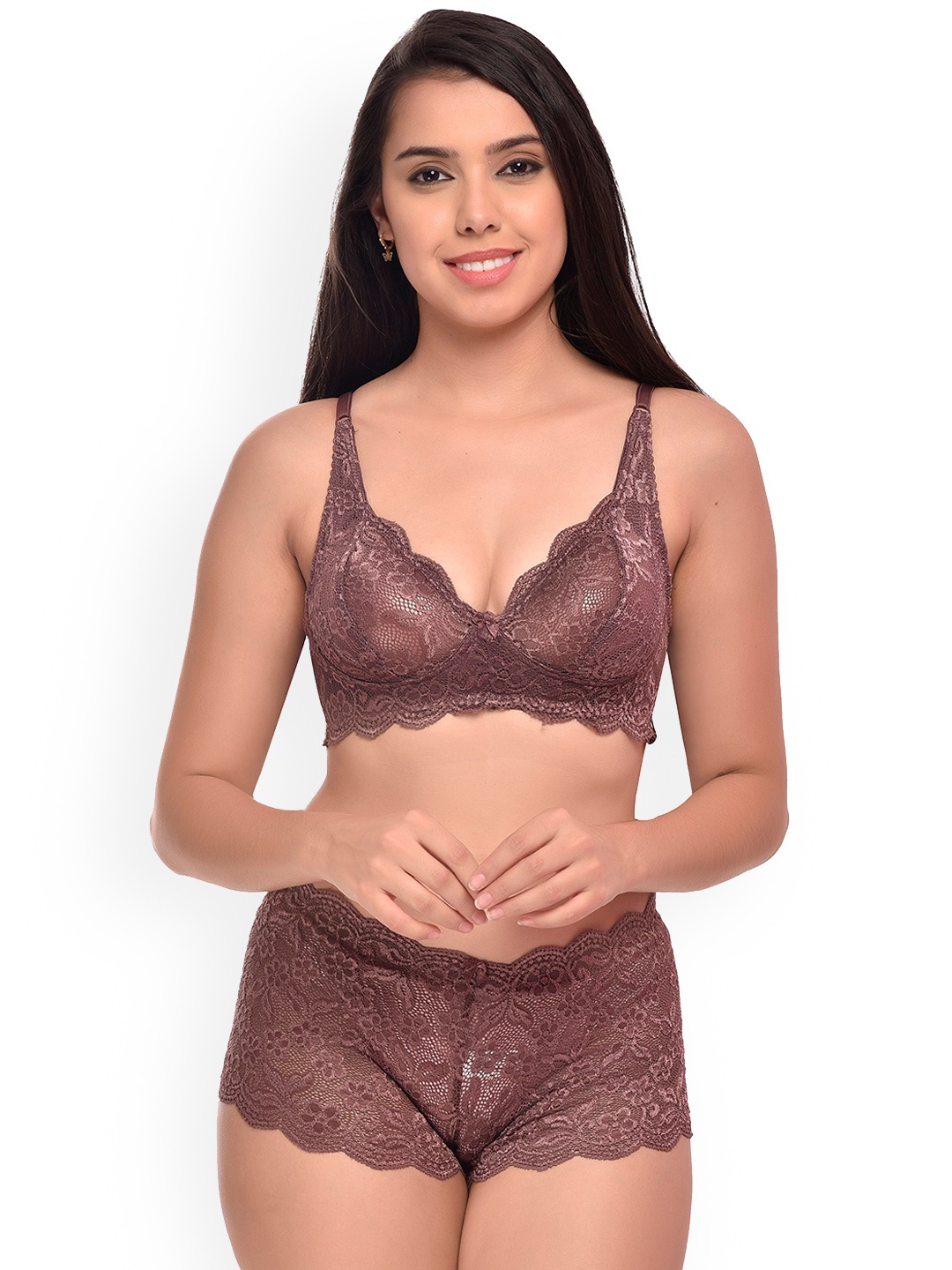 

AROUSY Self-Design Non Padded Lingerie Set, Brown