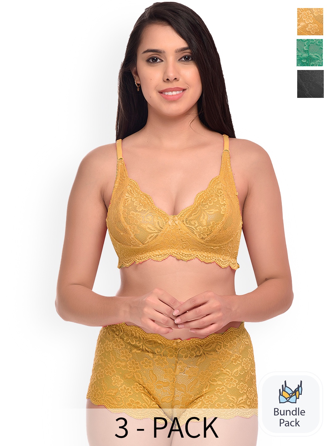 

AROUSY Pack Of 3 Self-Design Net Lingerie Sets, Yellow