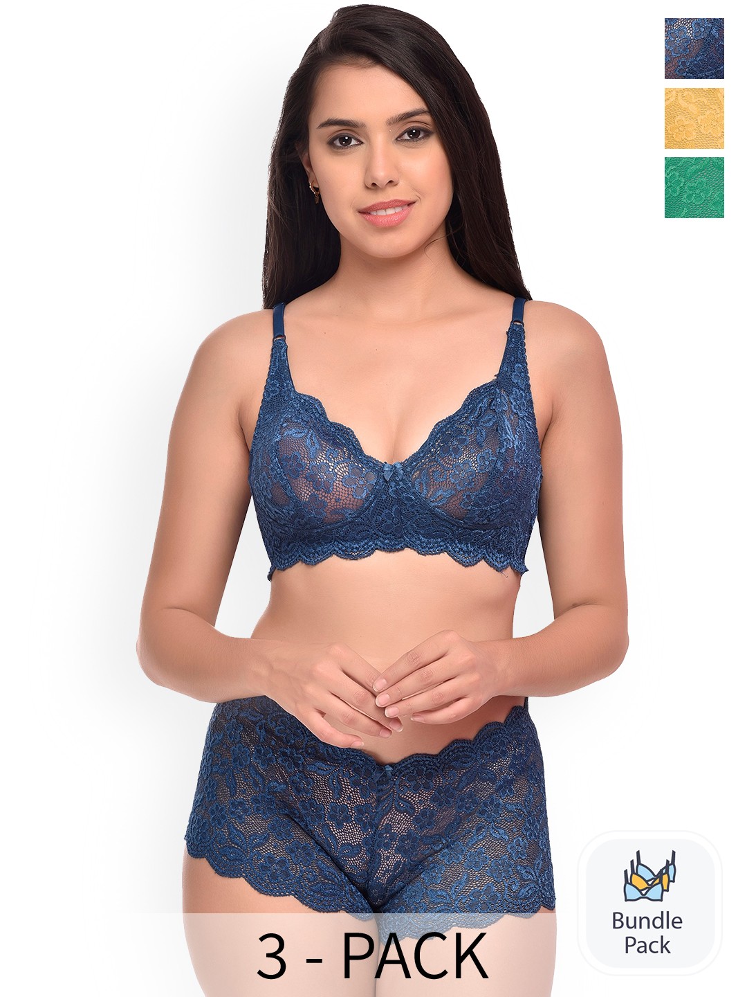 

AROUSY Pack Of 3 Self-Design Net Lingerie Sets Y_Rain-Set_Yellow,Green,Blue_30