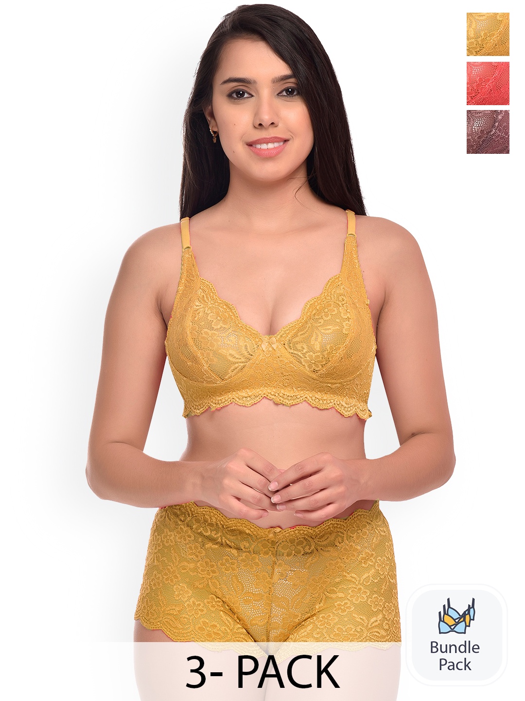 

AROUSY Pack Of 3 Self-Design Net Lingerie Sets, Yellow