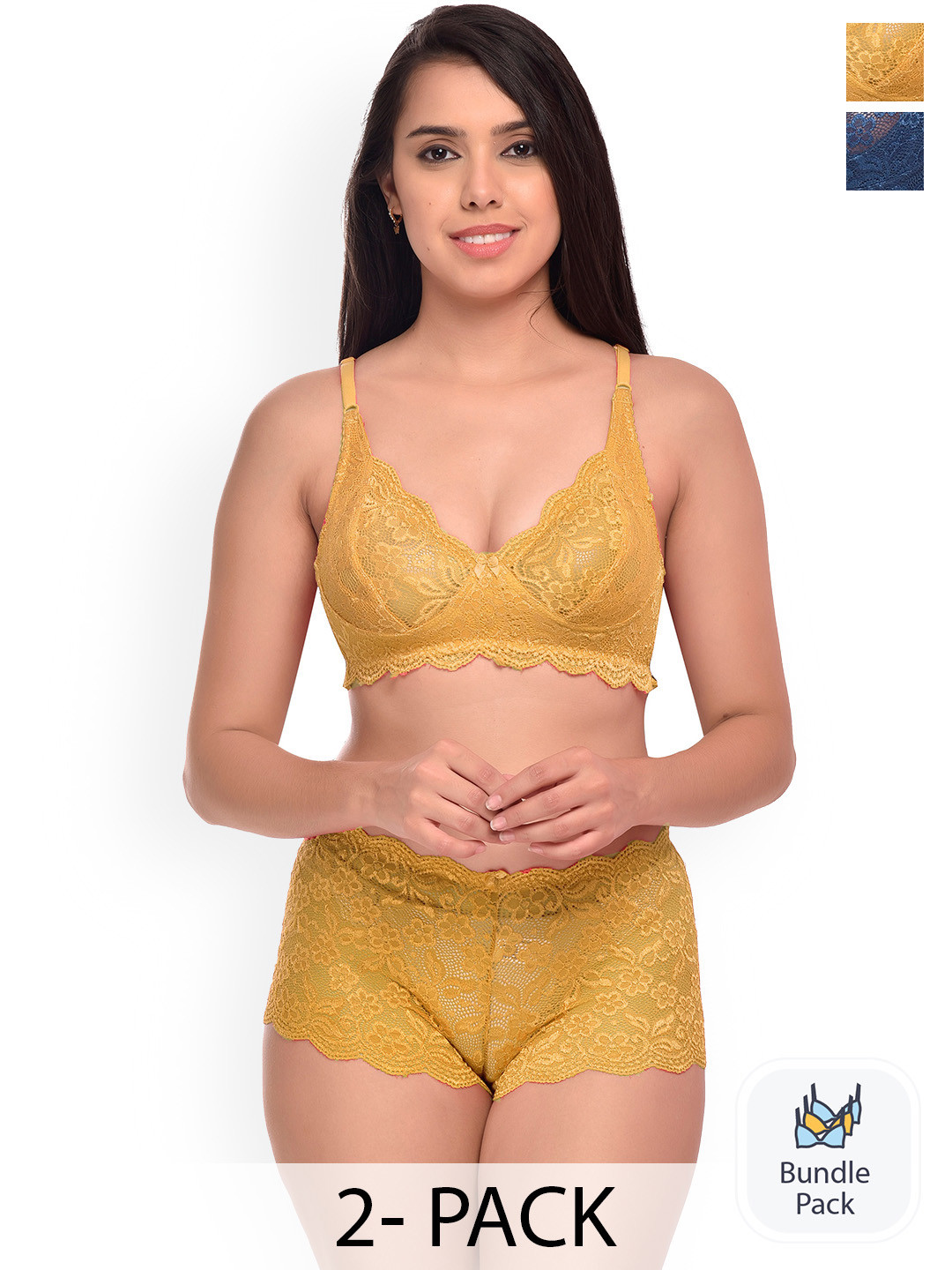 

AROUSY Pack Of 2 Self-Design Net Lingerie Set, Yellow