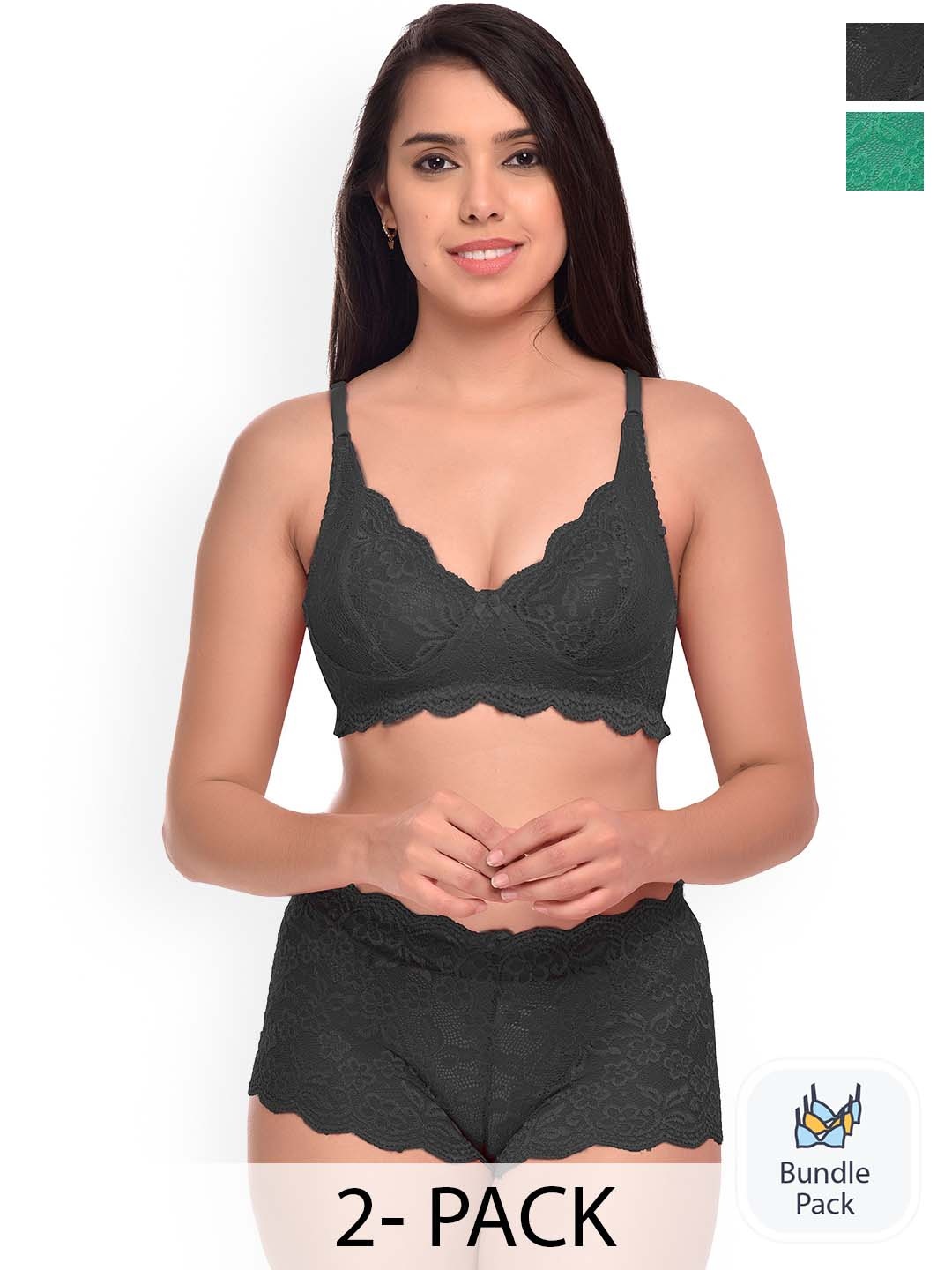 

AROUSY Pack Of 2 Self-Design Net Lingerie Sets, Green