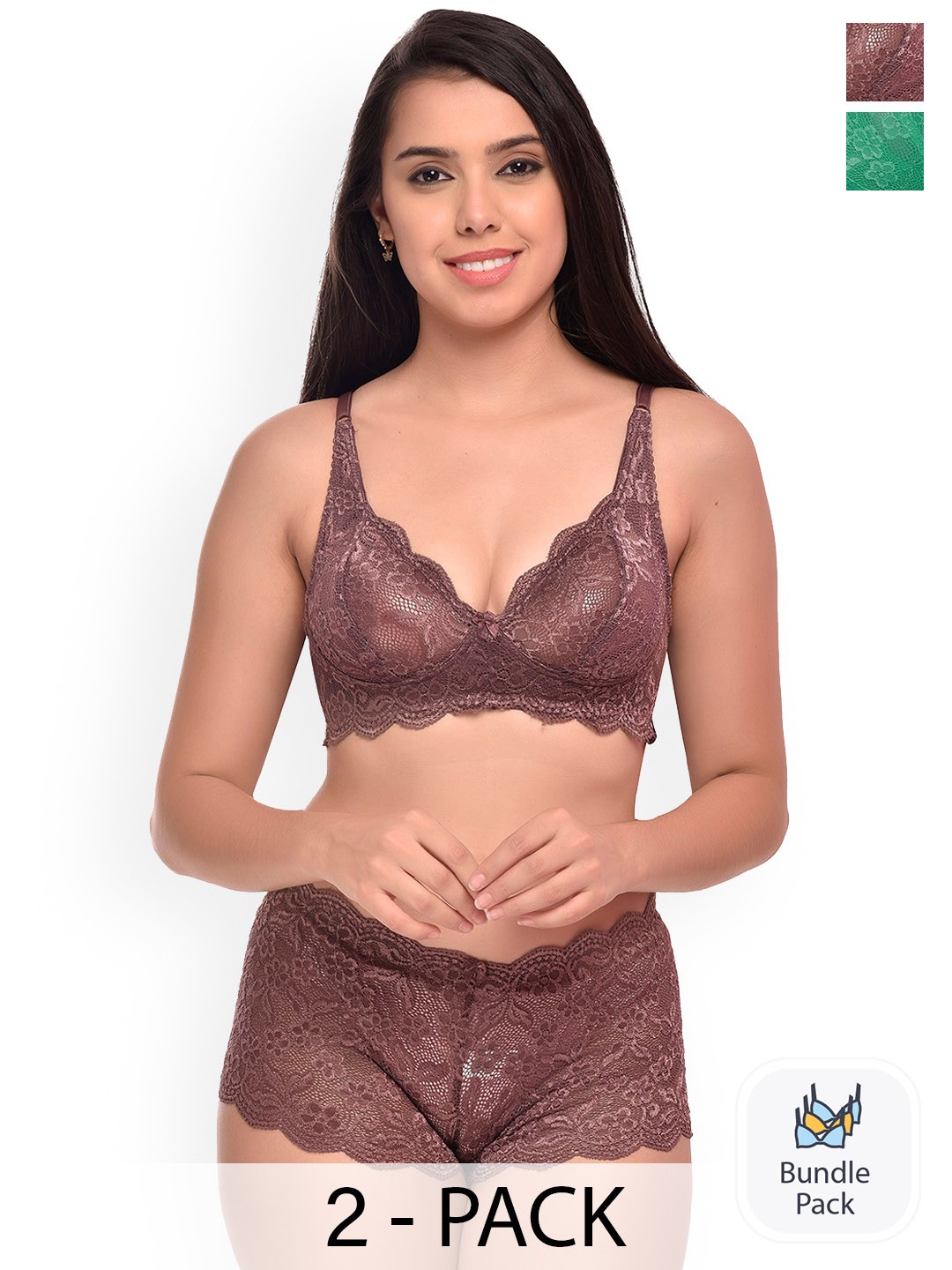 

AROUSY Pack Of 2 Self-Design Lingerie Sets, Mauve