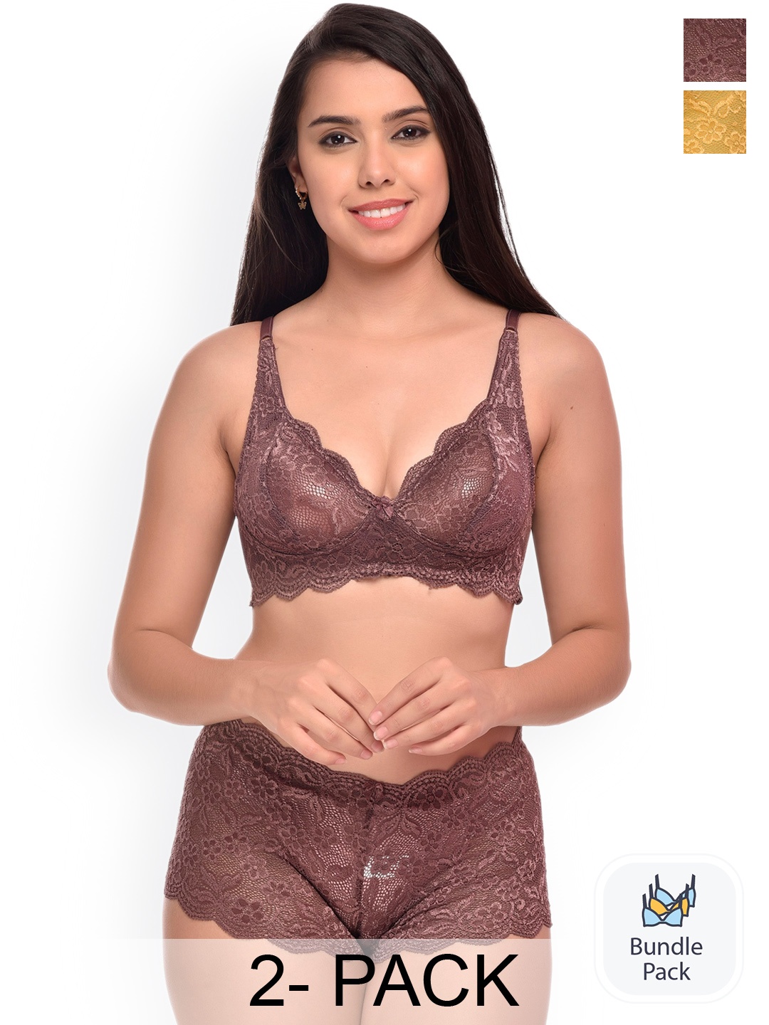 

AROUSY Pack Of 2 Self-Design Net Lingerie Sets, Yellow