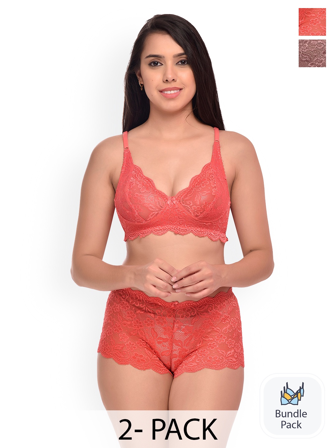 

AROUSY Pack Of 2 Self-Design Net Lingerie Sets, Red